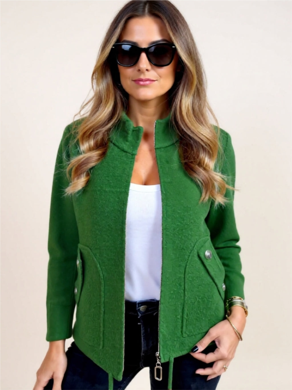 Zip-Up Wool Blend Jacket with Pockets