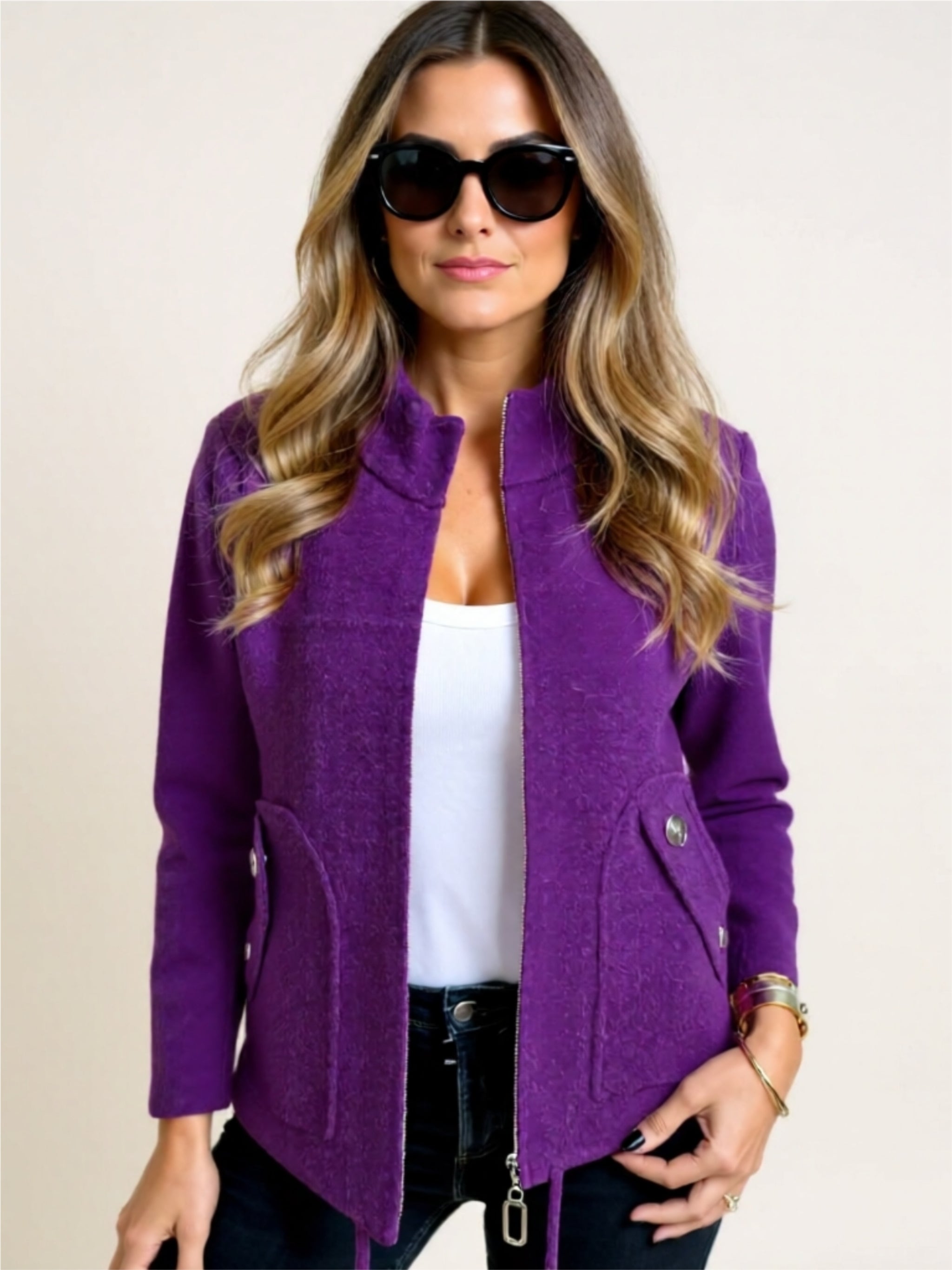 Zip-Up Wool Blend Jacket with Pockets