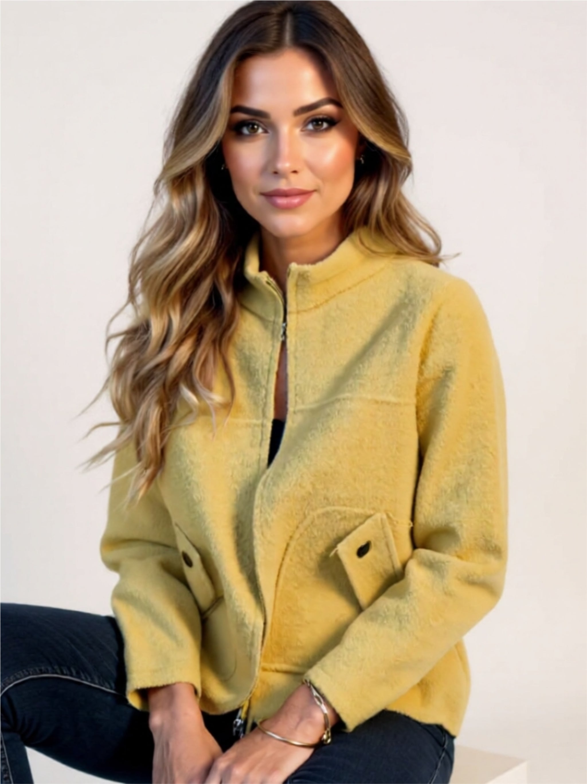 Zip-Up Wool Blend Jacket with Pockets