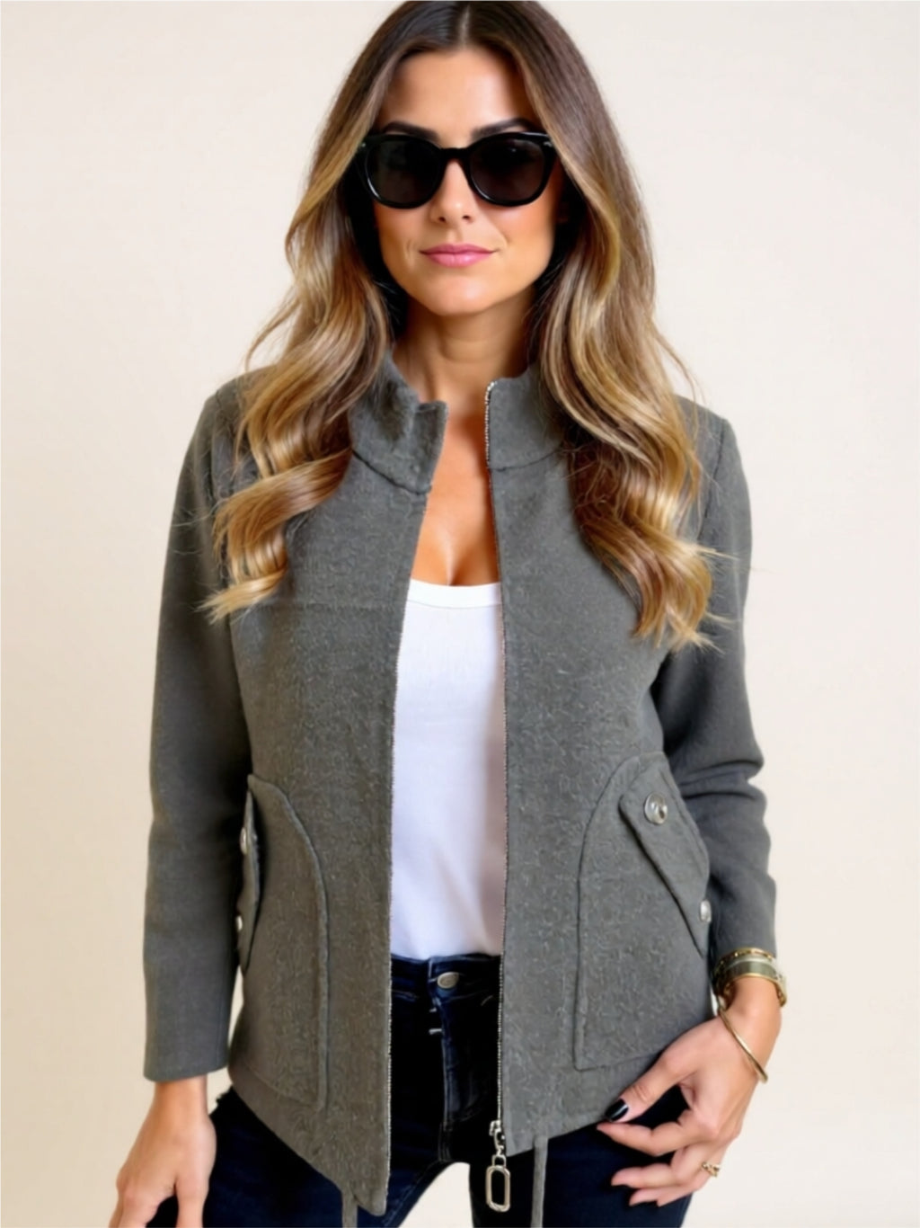 Zip-Up Wool Blend Jacket with Pockets