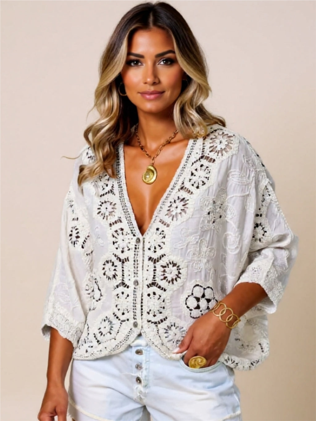 Boho Cutout Lace Button-Down Top