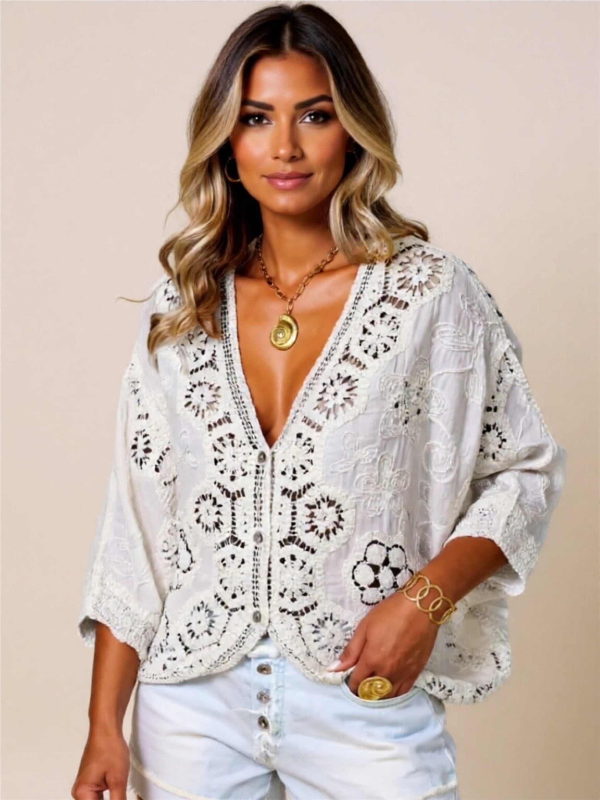 Boho Cutout Lace Button-Down Top
