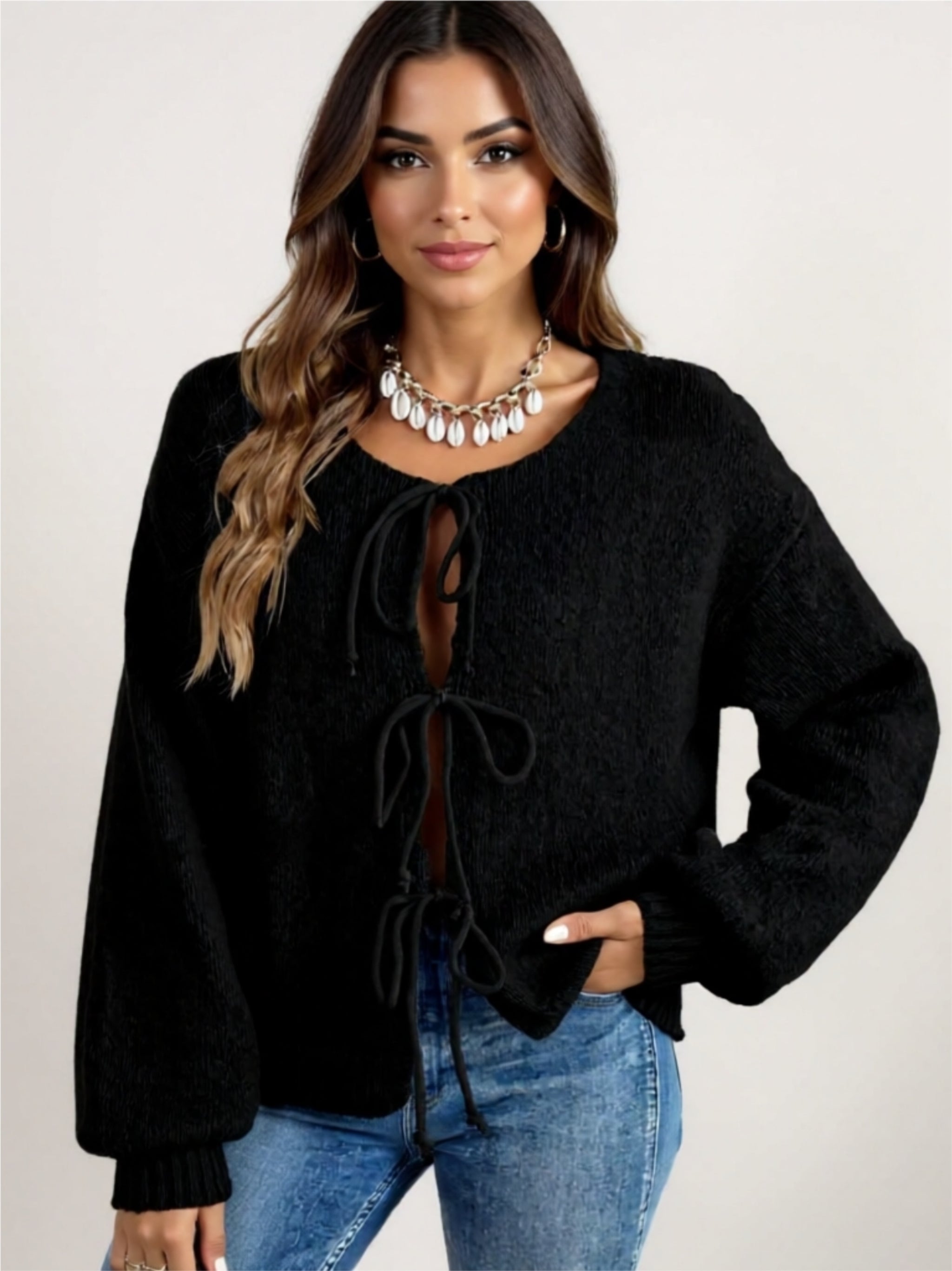 Cozy Long Sleeve Tie Front Cardigan with Bow Detail