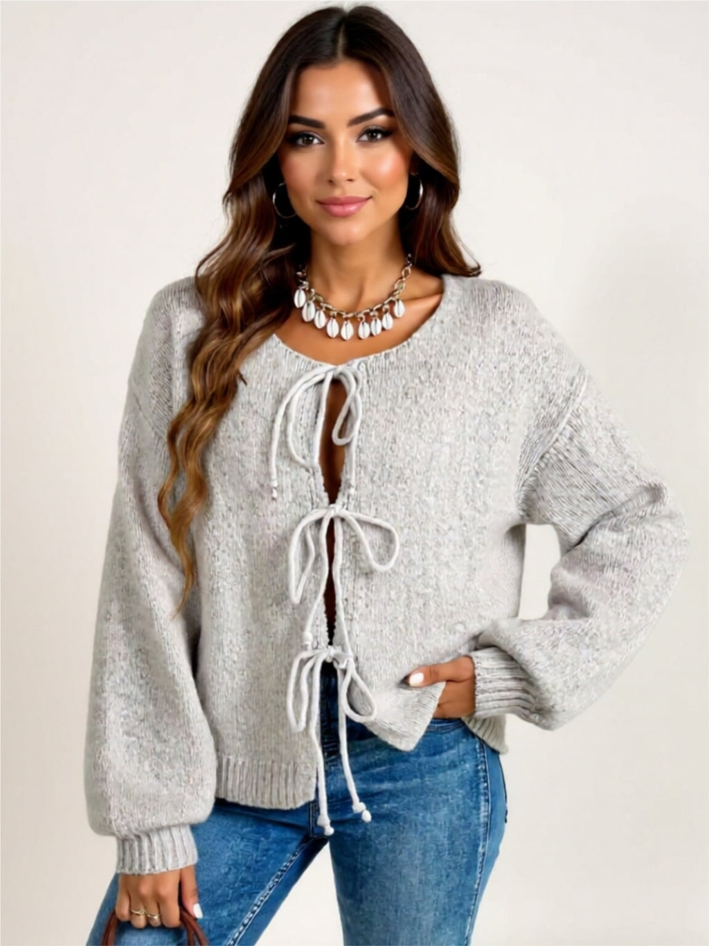 Cozy Long Sleeve Tie Front Cardigan with Bow Detail