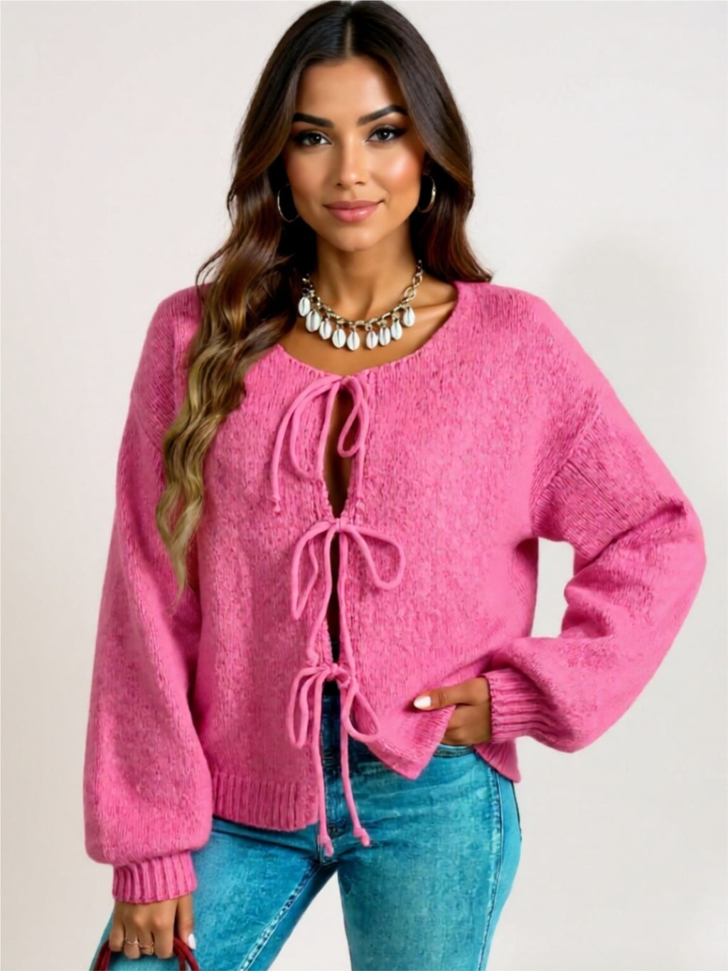 Cozy Long Sleeve Tie Front Cardigan with Bow Detail