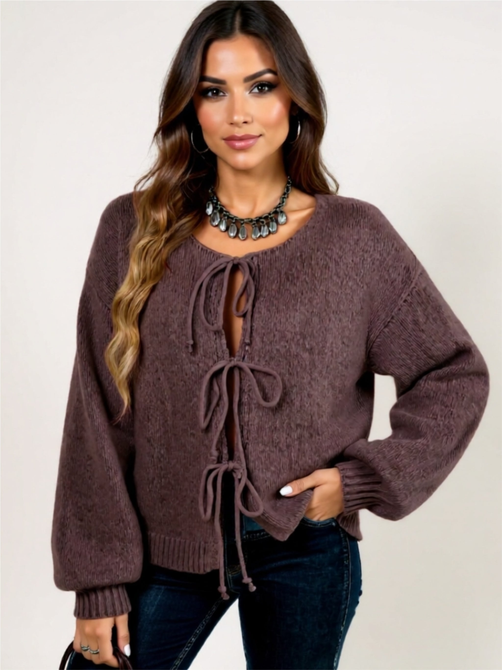 Cozy Long Sleeve Tie Front Cardigan with Bow Detail