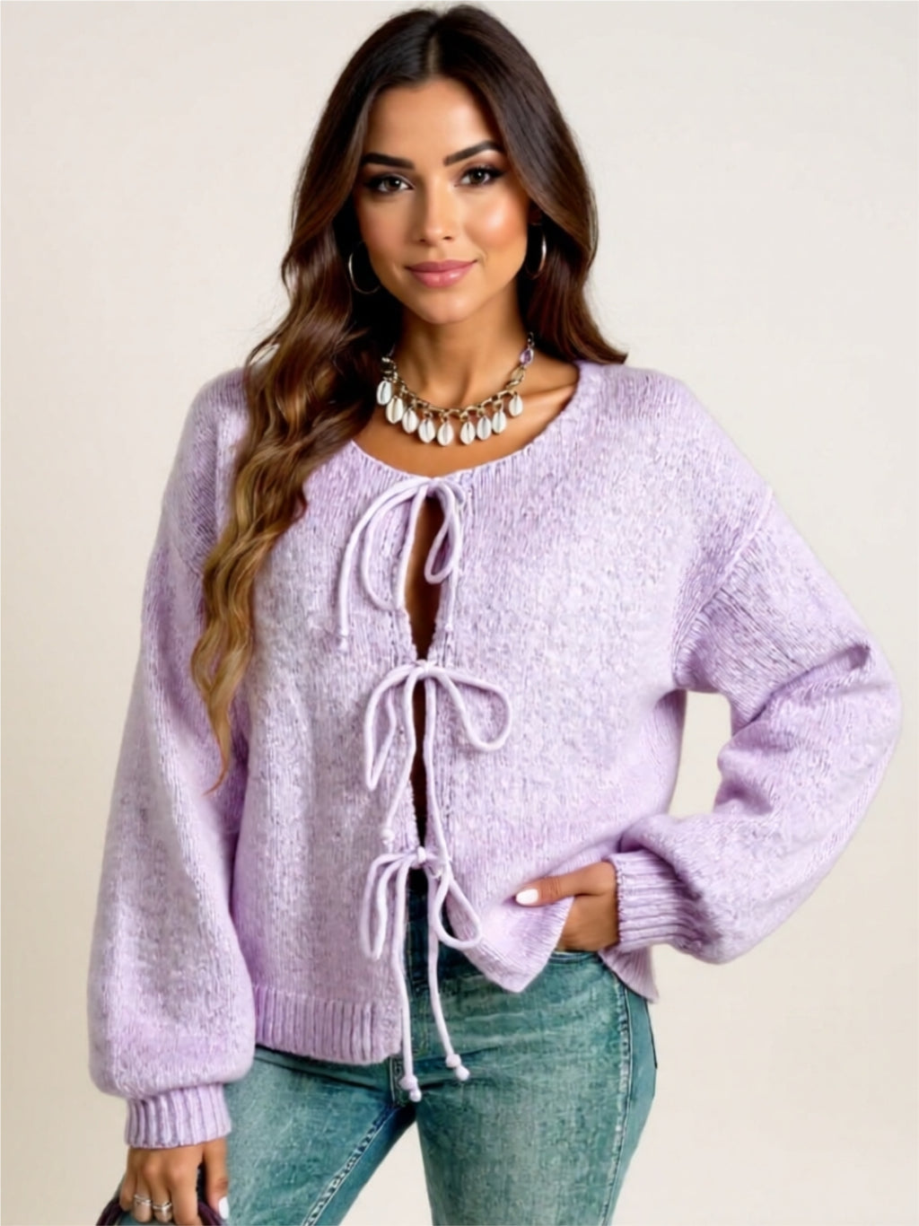 Cozy Long Sleeve Tie Front Cardigan with Bow Detail