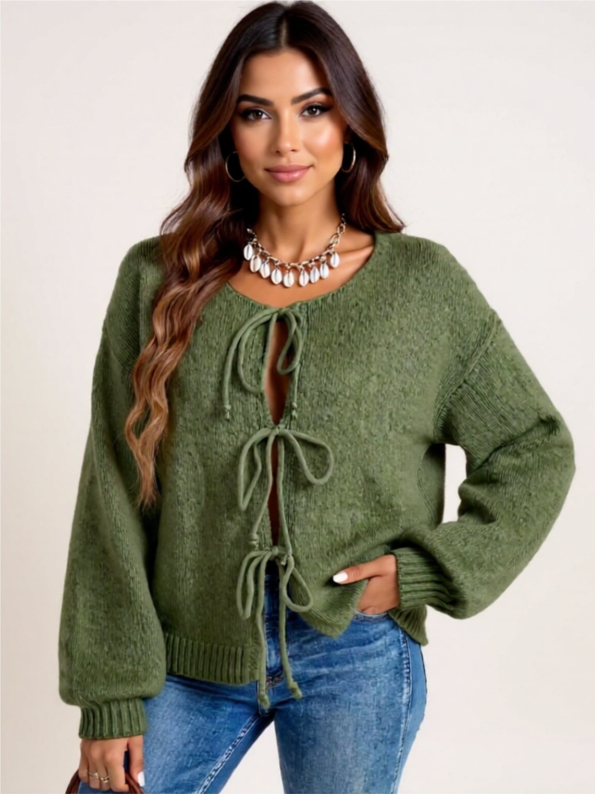 Cozy Long Sleeve Tie Front Cardigan with Bow Detail