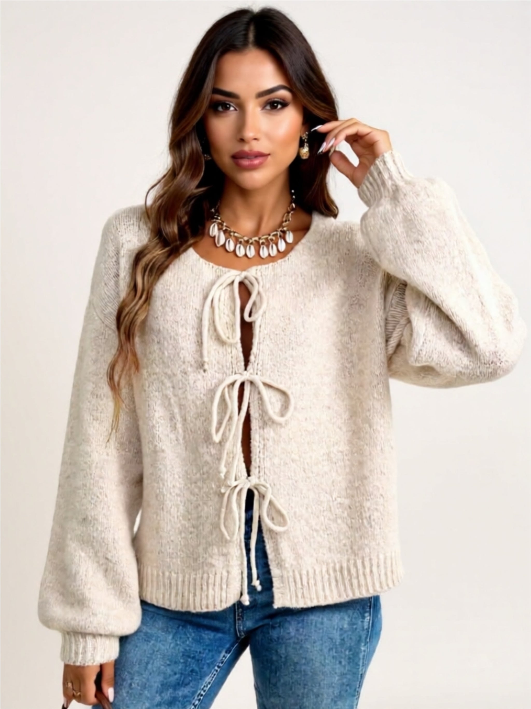Cozy Long Sleeve Tie Front Cardigan with Bow Detail