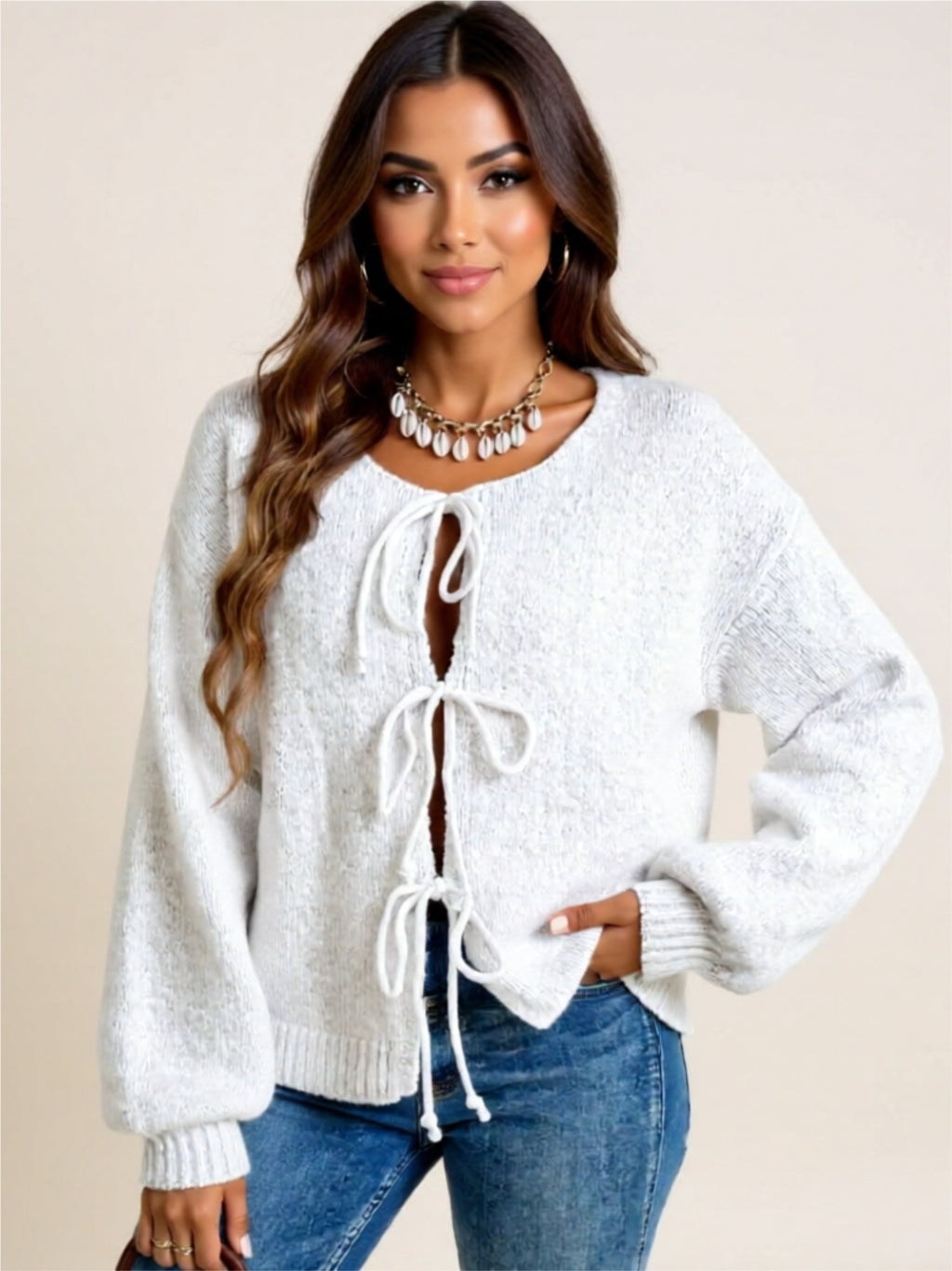 Cozy Long Sleeve Tie Front Cardigan with Bow Detail