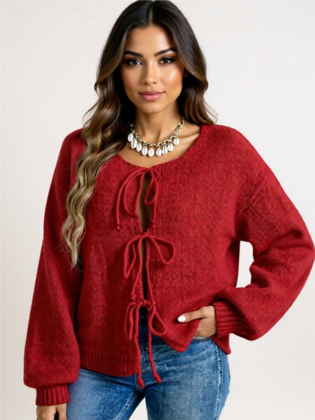 Cozy Long Sleeve Tie Front Cardigan with Bow Detail