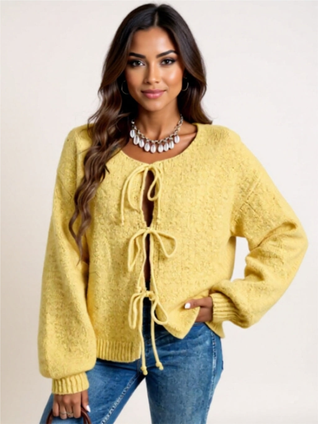 Cozy Long Sleeve Tie Front Cardigan with Bow Detail