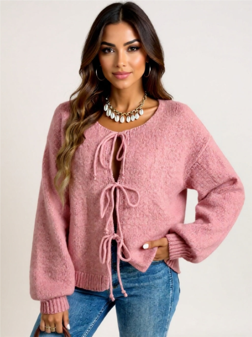 Cozy Long Sleeve Tie Front Cardigan with Bow Detail
