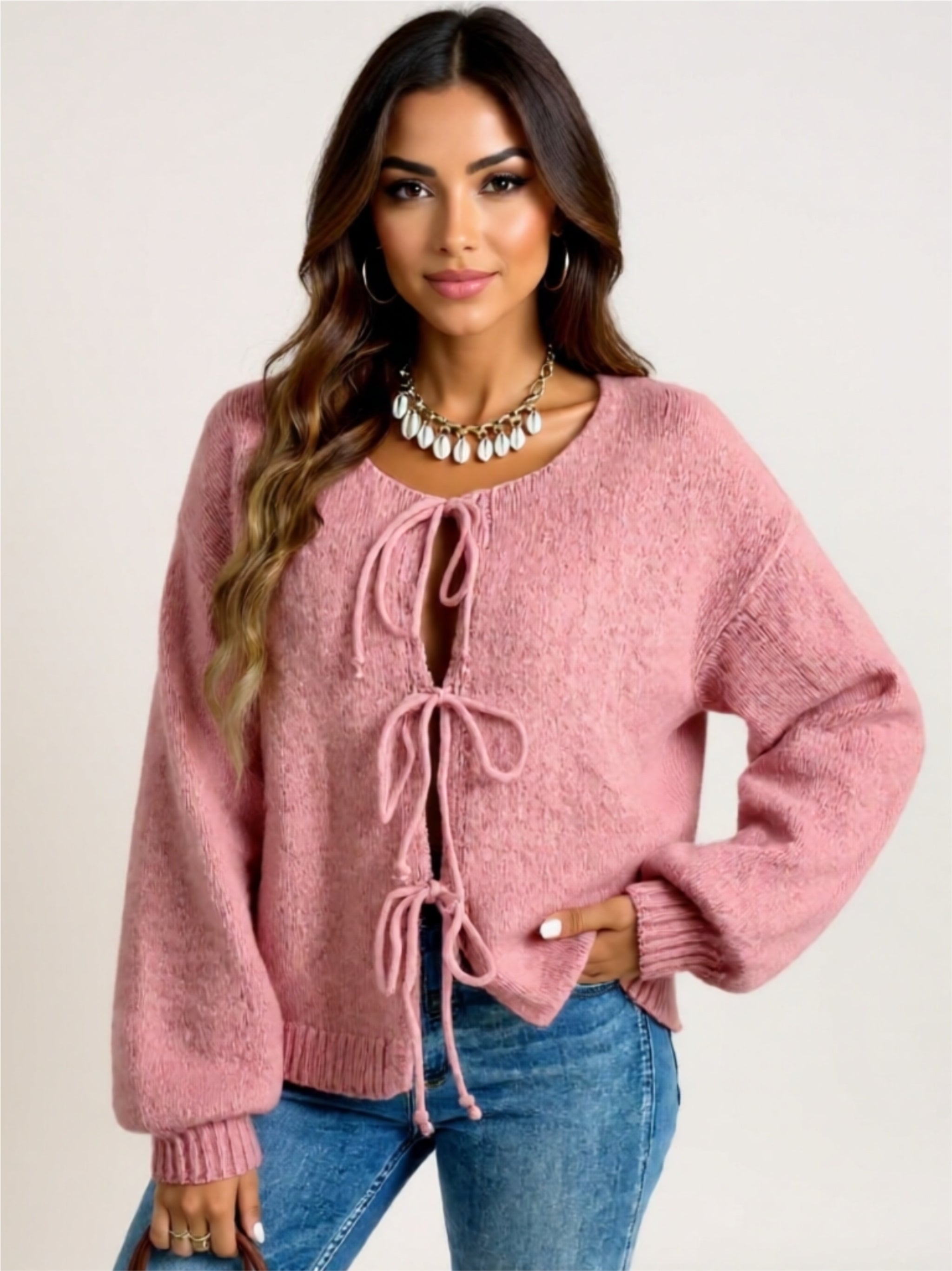 Cozy Long Sleeve Tie Front Cardigan with Bow Detail