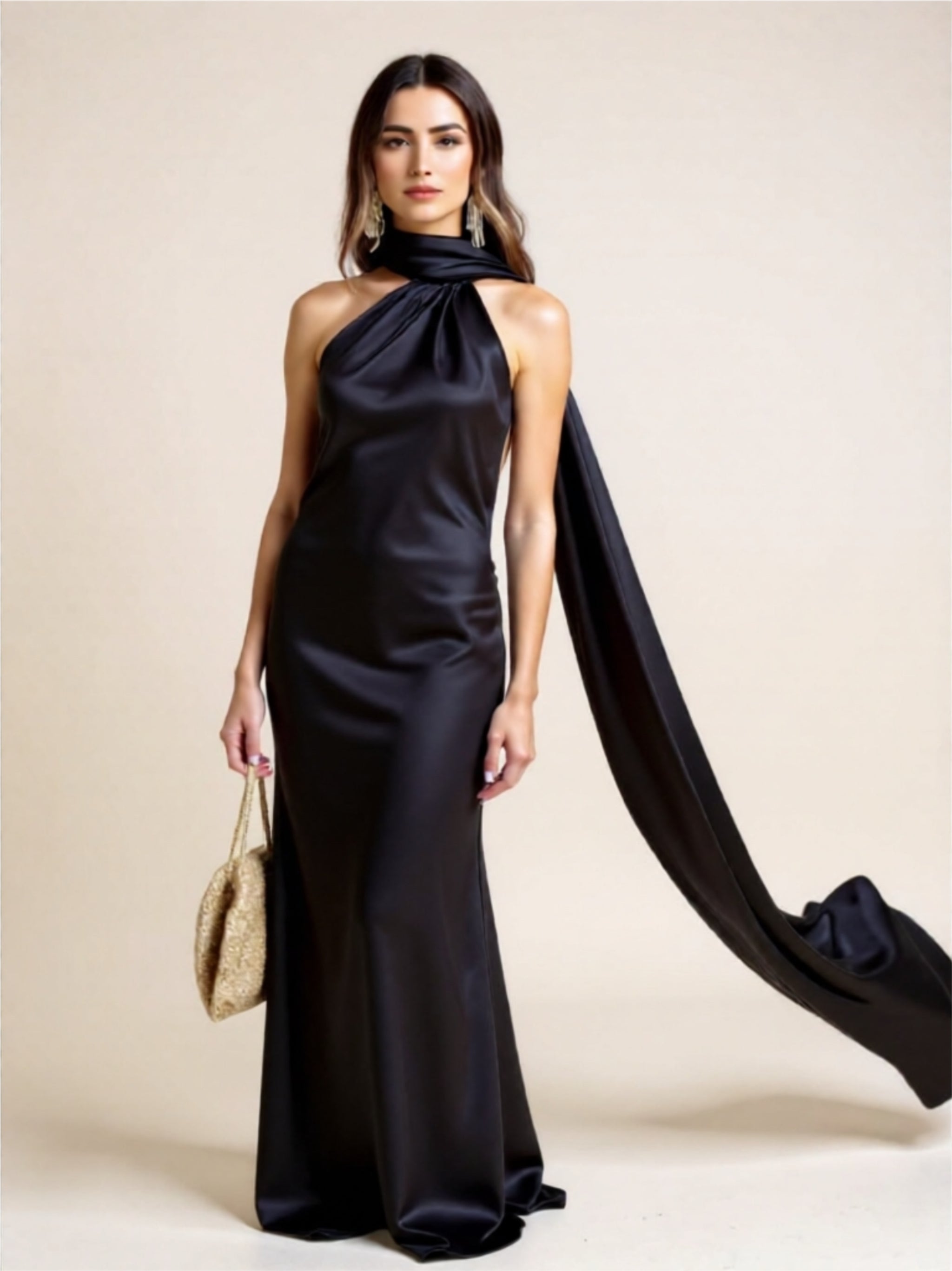 Black Satin Halter Neck Evening Gown