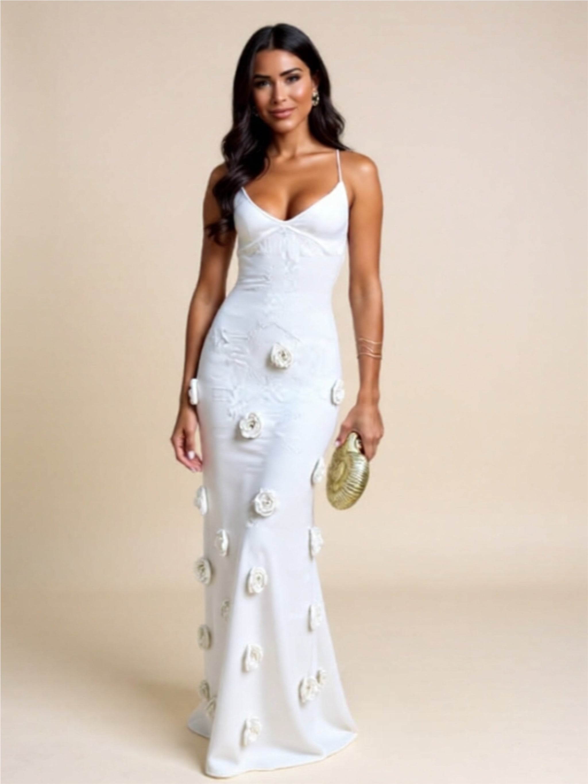 3D Floral Appliqué Maxi Dress with Sleek Knit Finish