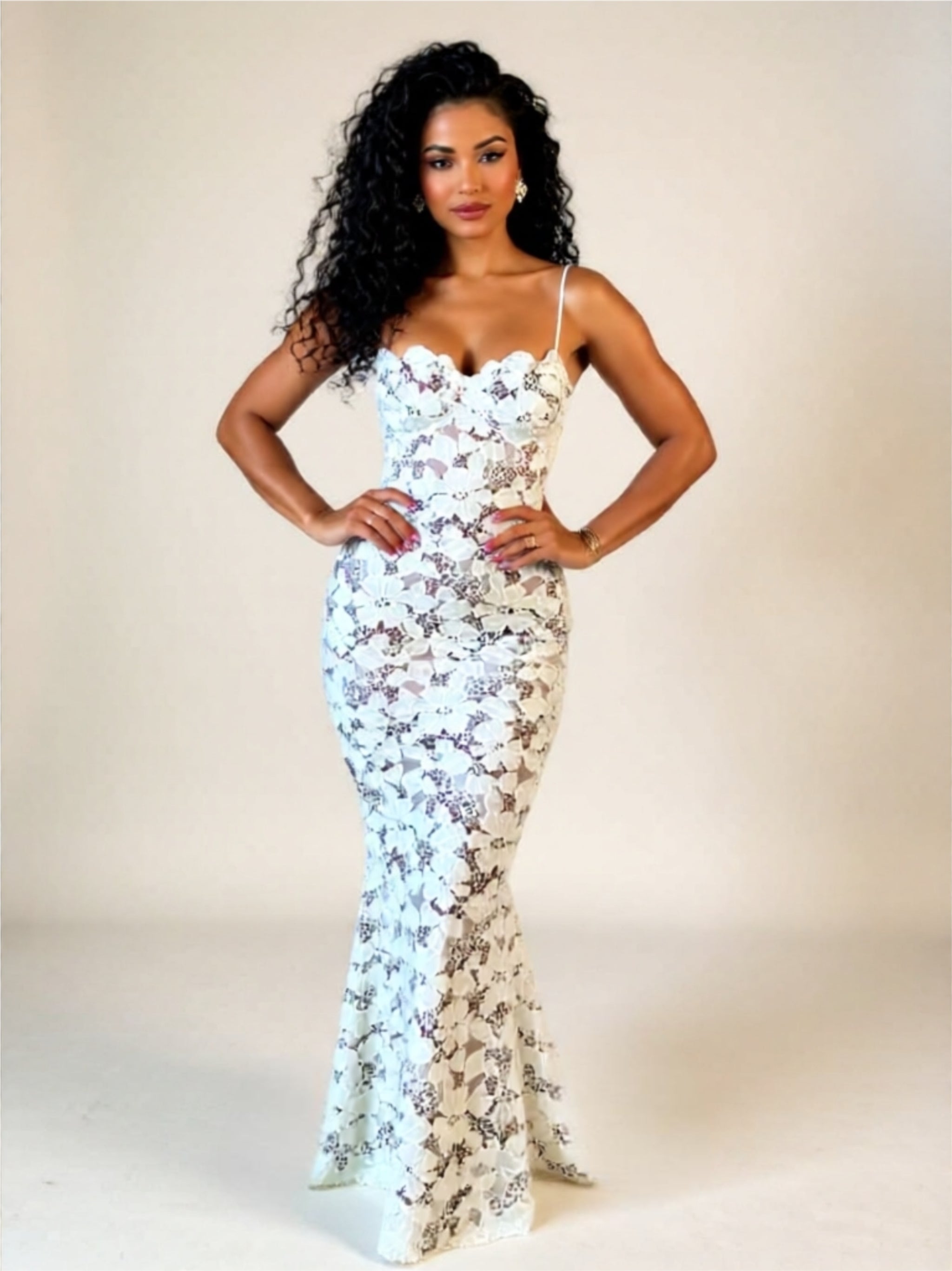 White Lace Spaghetti Strap Maxi Dress