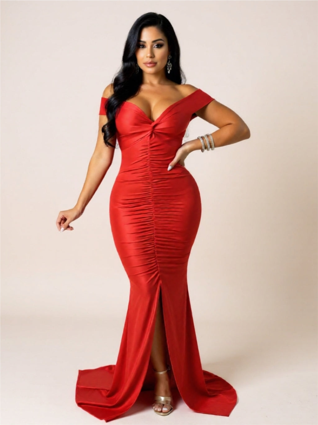 Off-Shoulder Ruched Maxi Dress – Deep V-Neck Bodycon Evening Gown