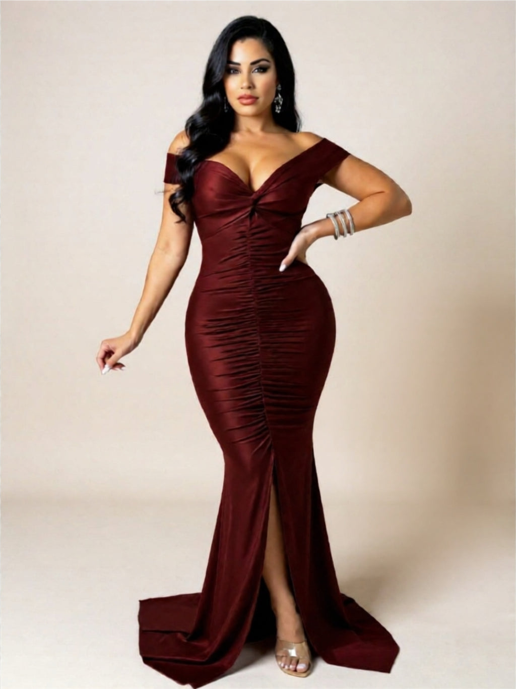 Off-Shoulder Ruched Maxi Dress – Deep V-Neck Bodycon Evening Gown