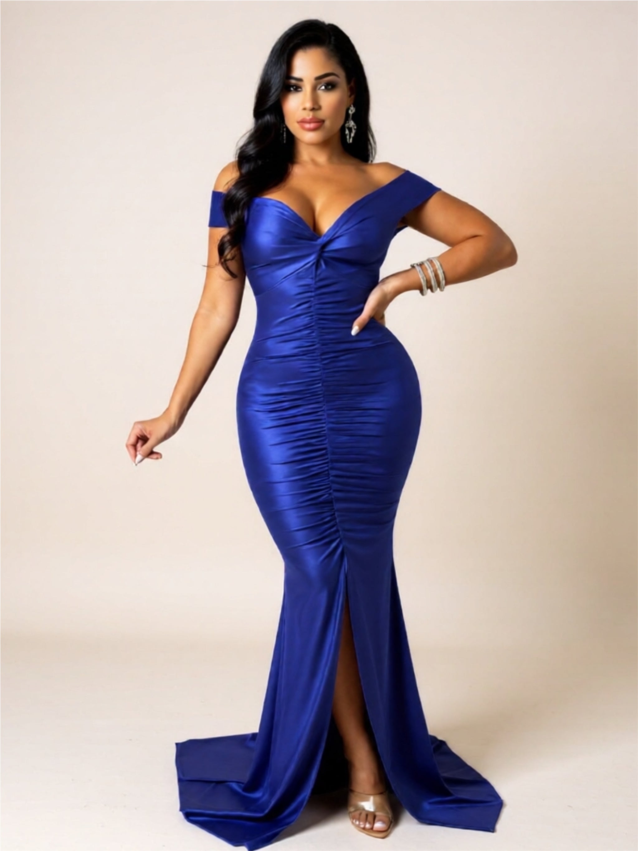 Off-Shoulder Ruched Maxi Dress – Deep V-Neck Bodycon Evening Gown