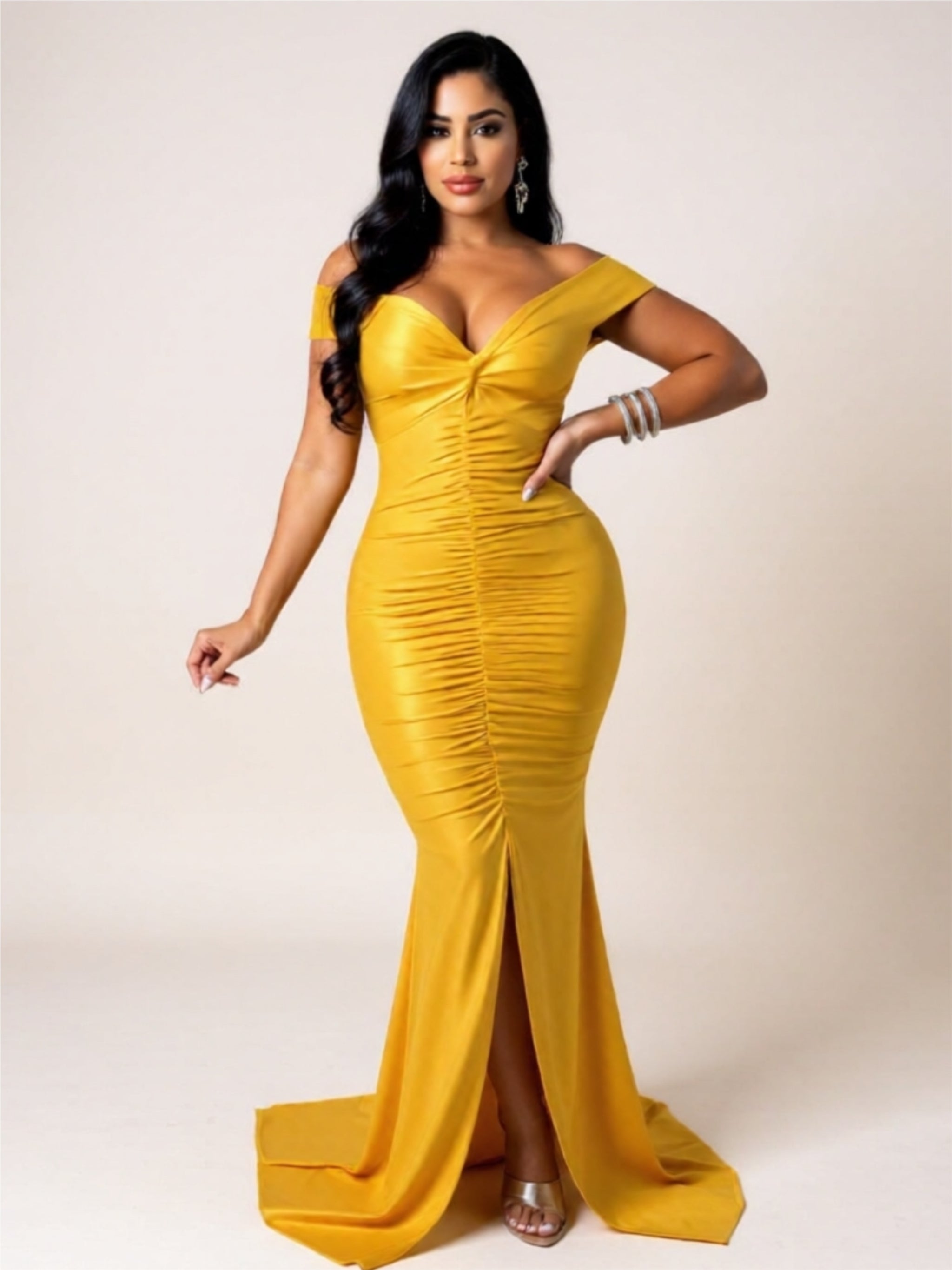 Off-Shoulder Ruched Maxi Dress – Deep V-Neck Bodycon Evening Gown