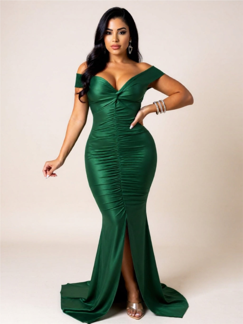 Off-Shoulder Ruched Maxi Dress – Deep V-Neck Bodycon Evening Gown