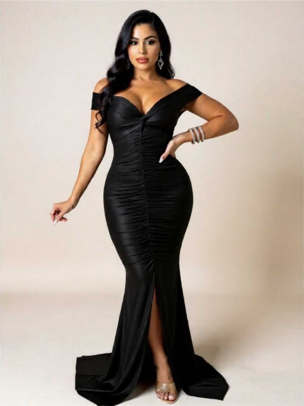 Off-Shoulder Ruched Maxi Dress – Deep V-Neck Bodycon Evening Gown