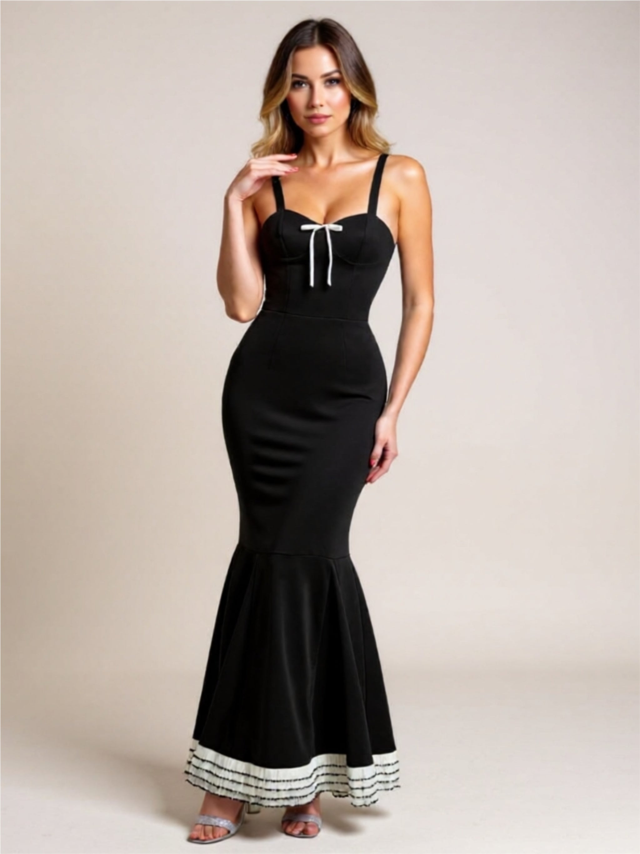 Black Knit Mermaid Maxi Dress – Spaghetti Straps with Bow Detail and Contrast Hem