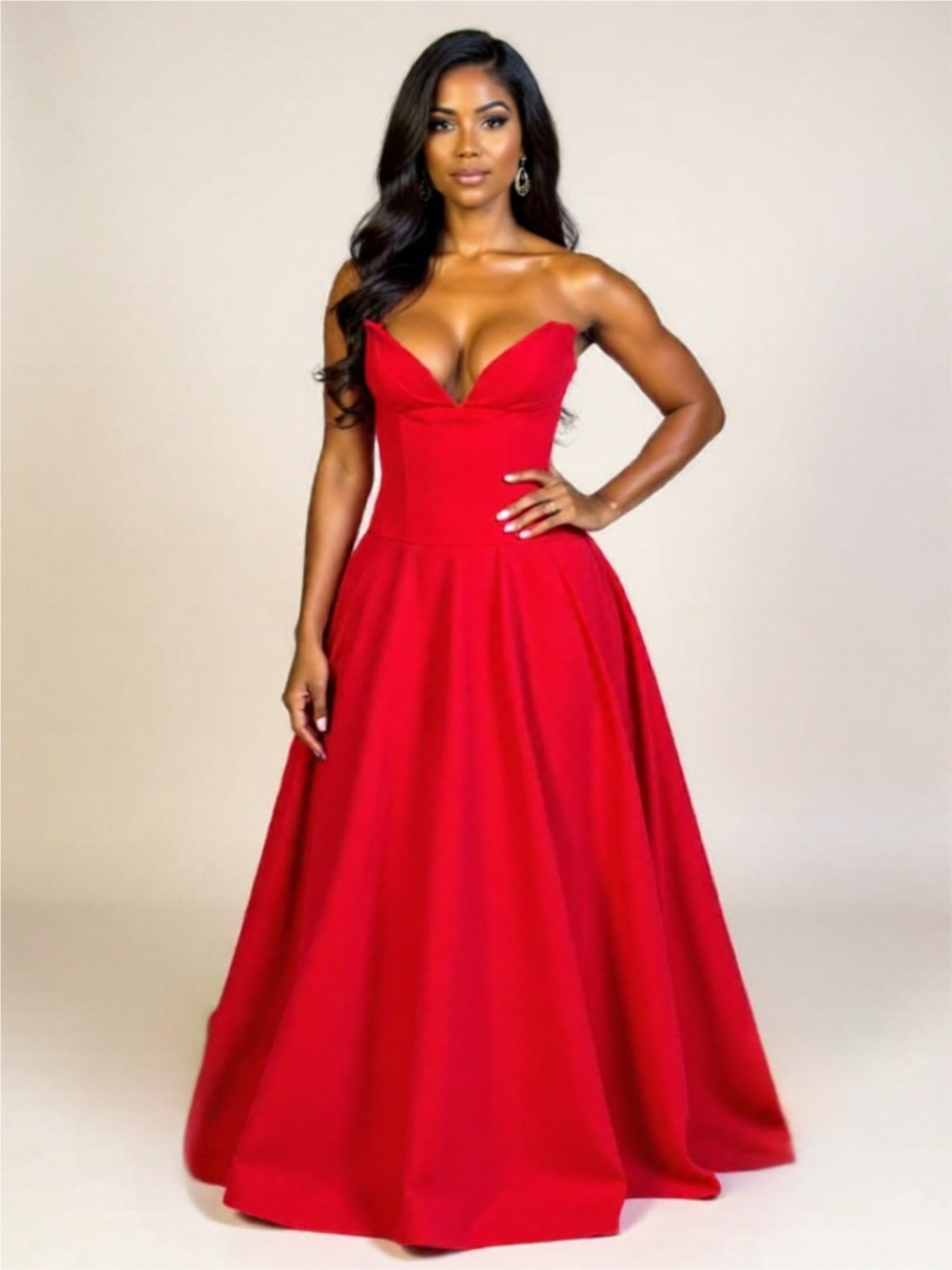 Elegant Red Off-Shoulder Ball Gown – Deep Sweetheart Neckline Formal Dress with Full Skirt