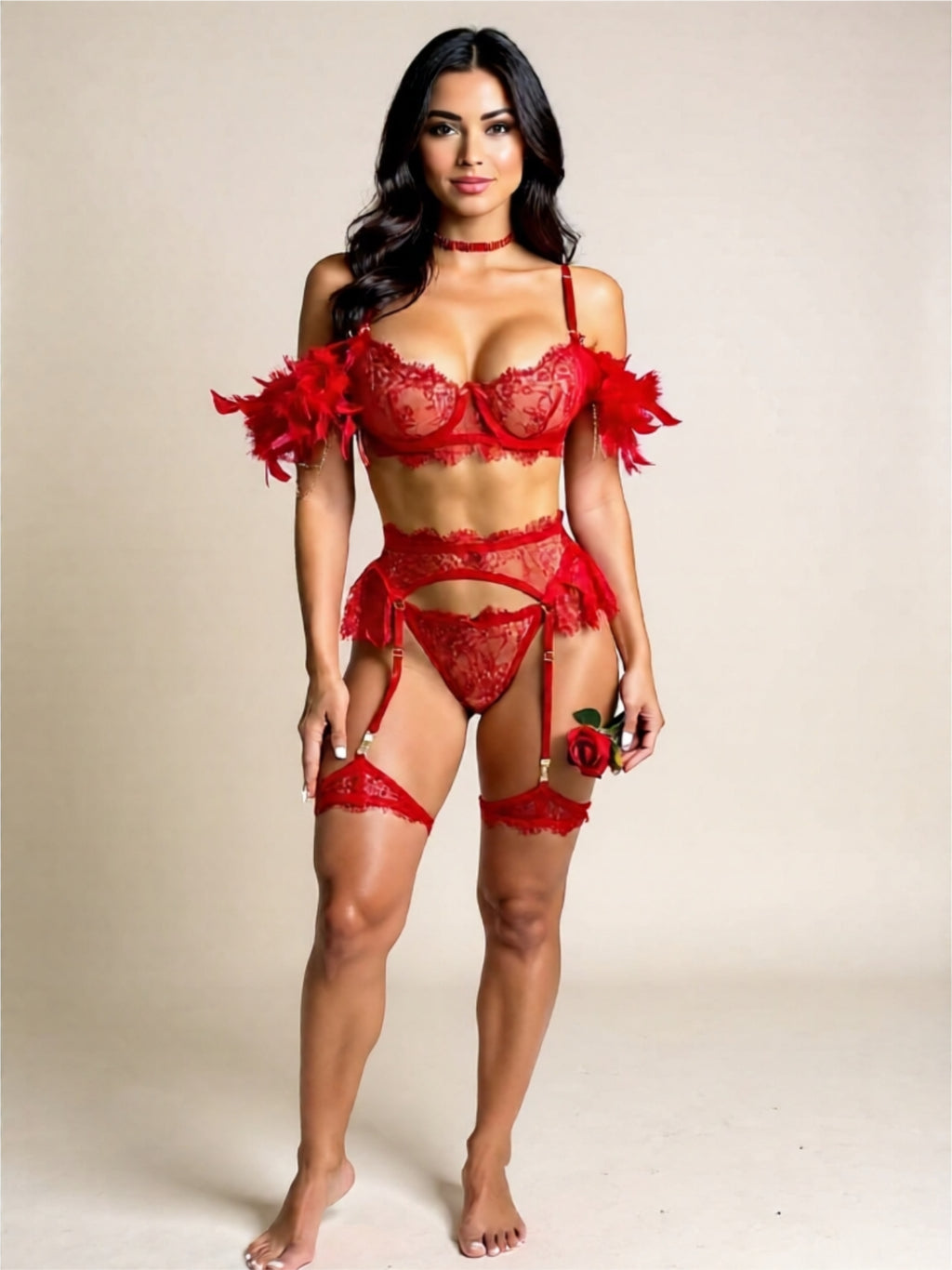 Sexy Feather Off-Shoulder Lace Lingerie Set – 3-Piece