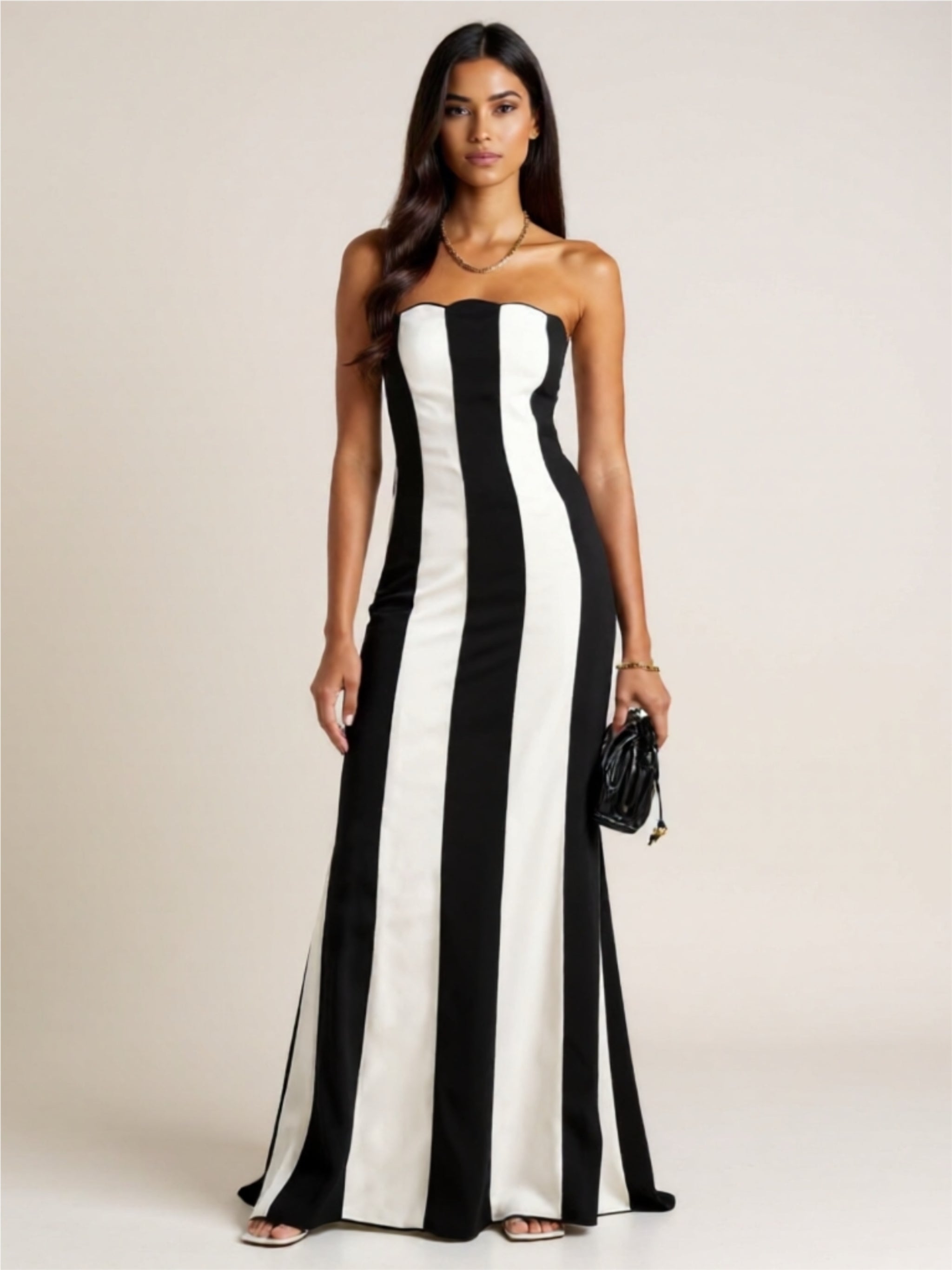 Graceful Black and White Strapless Maxi Dress – Elegant Vertical Stripe Evening Gown