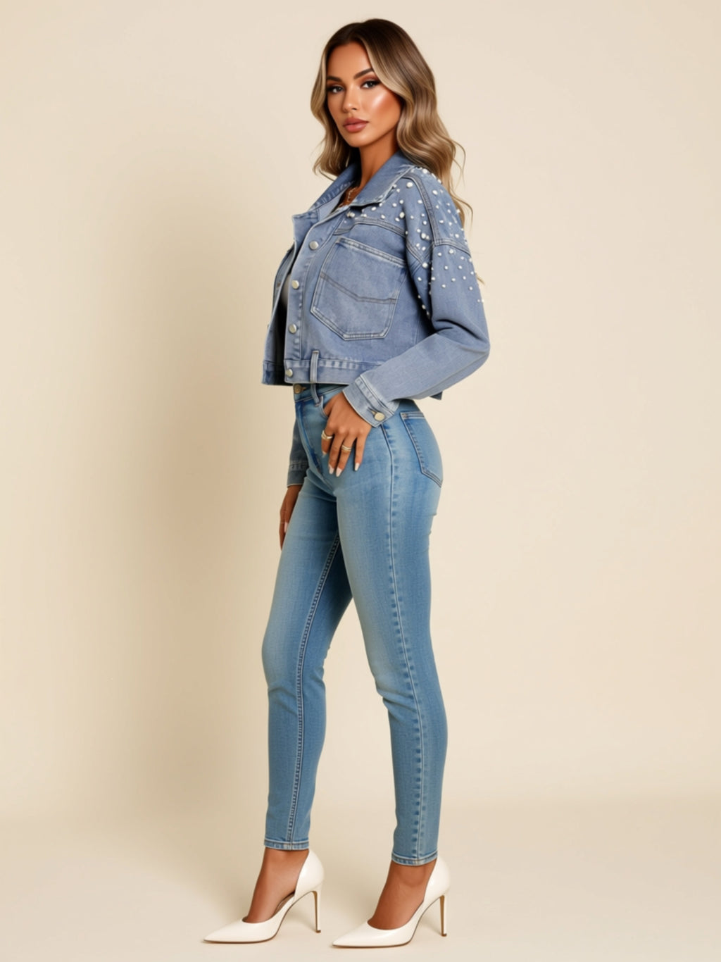 tudded Cropped Denim Jacket with Button Front