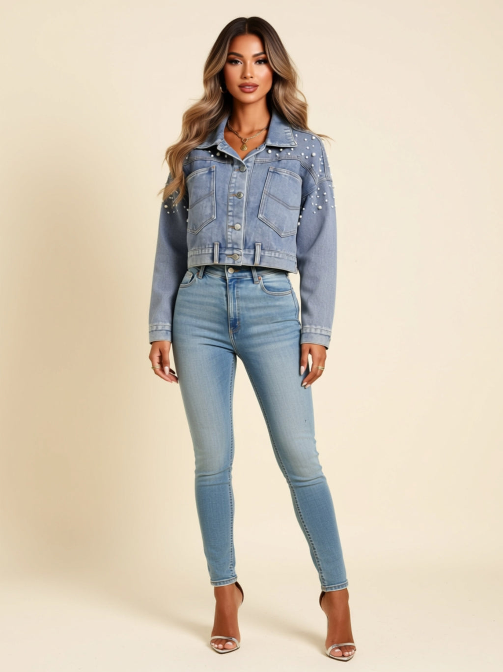 tudded Cropped Denim Jacket with Button Front