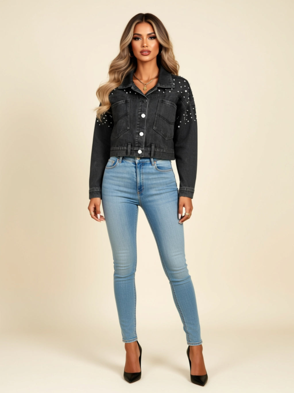 tudded Cropped Denim Jacket with Button Front