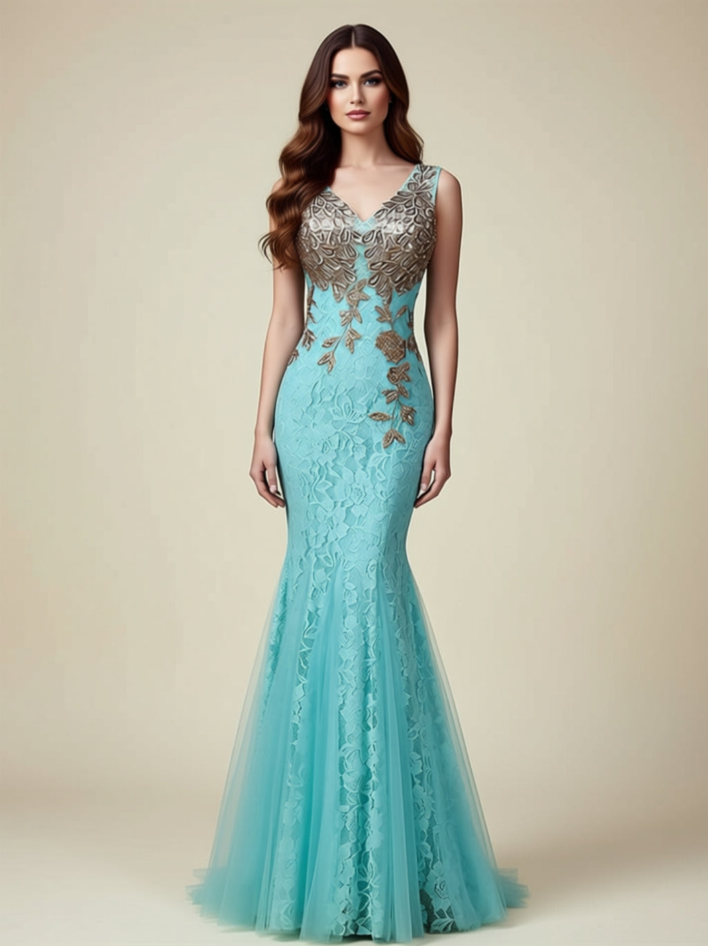 Embroidered Mermaid Evening Gown