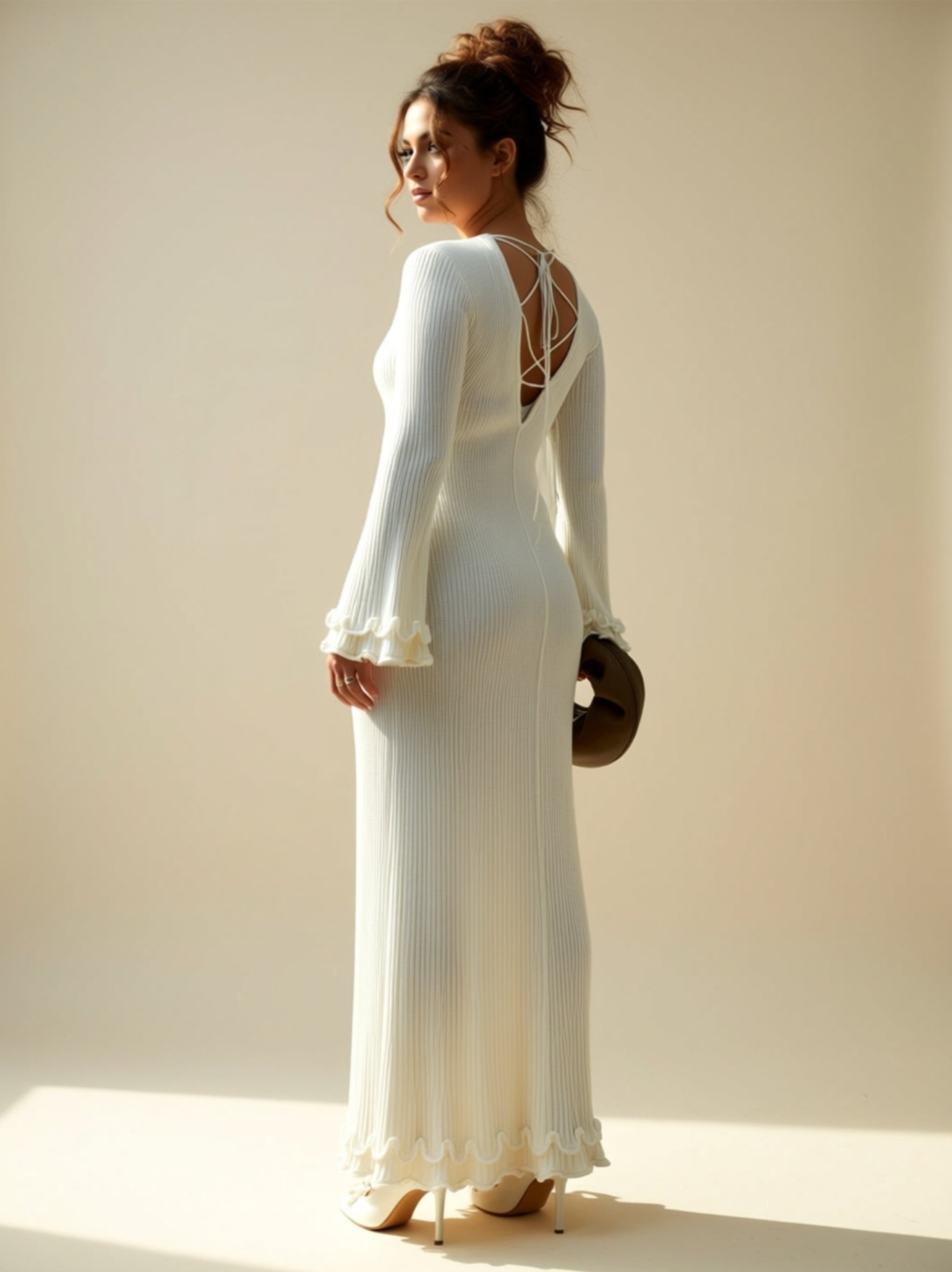 Elegant Long-Sleeve Pleated Maxi Dress with Ruffle Hem & Open Back