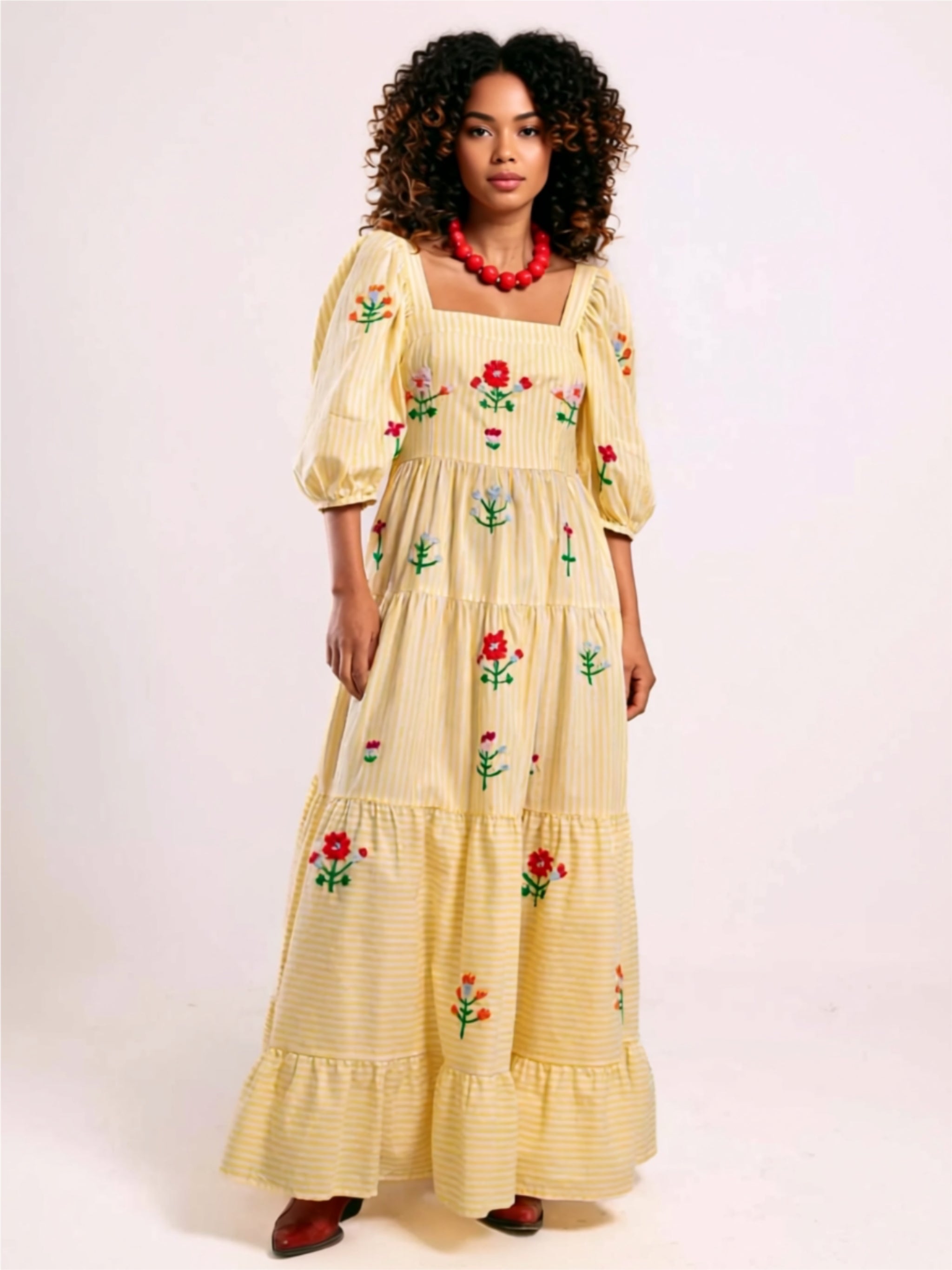 Embroidered Tiered Maxi Dress with Puff Sleeves & Ruffled Hem