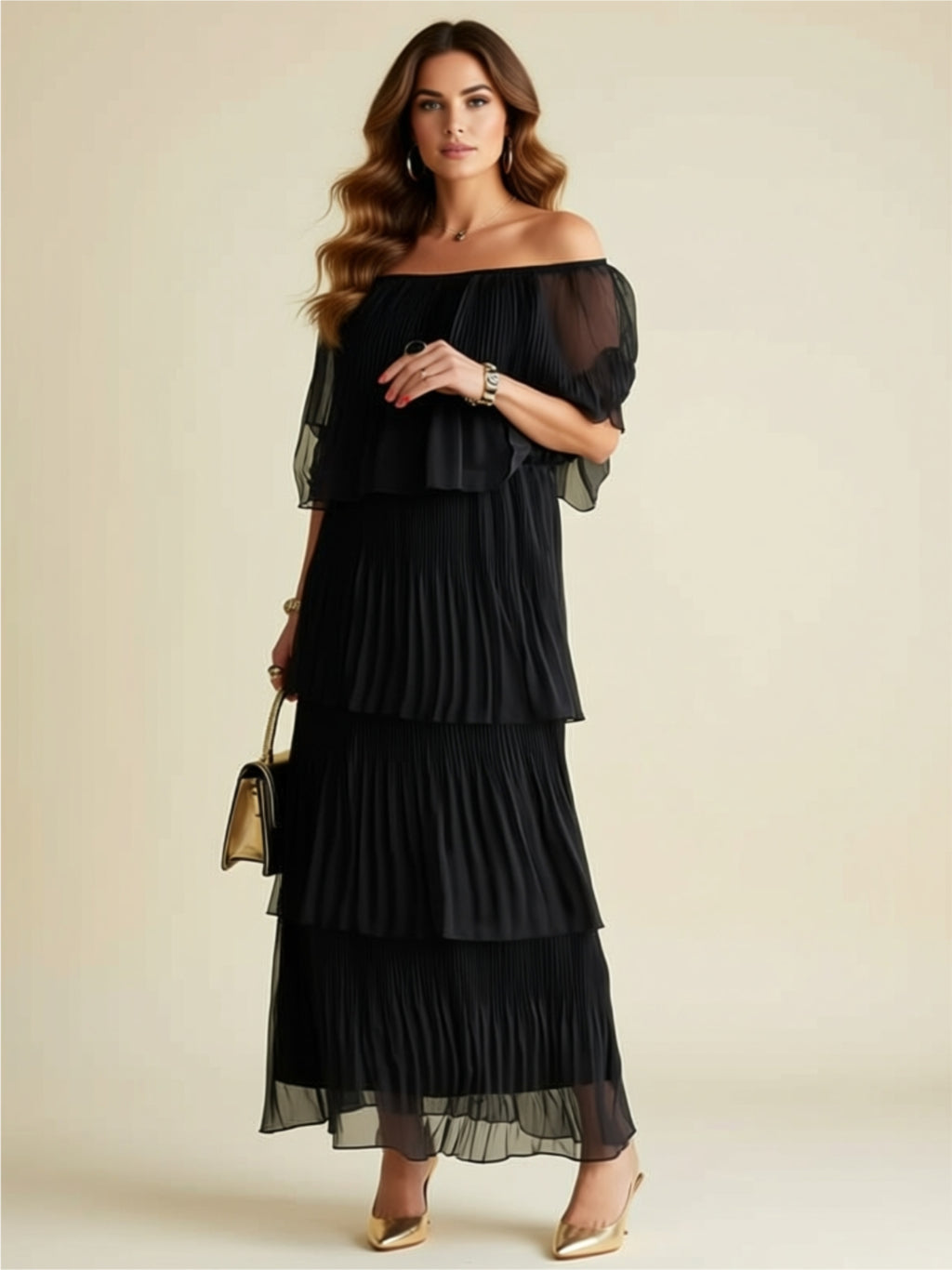 Elegant Pleated Chiffon Off‑Shoulder Tiered Maxi Dress