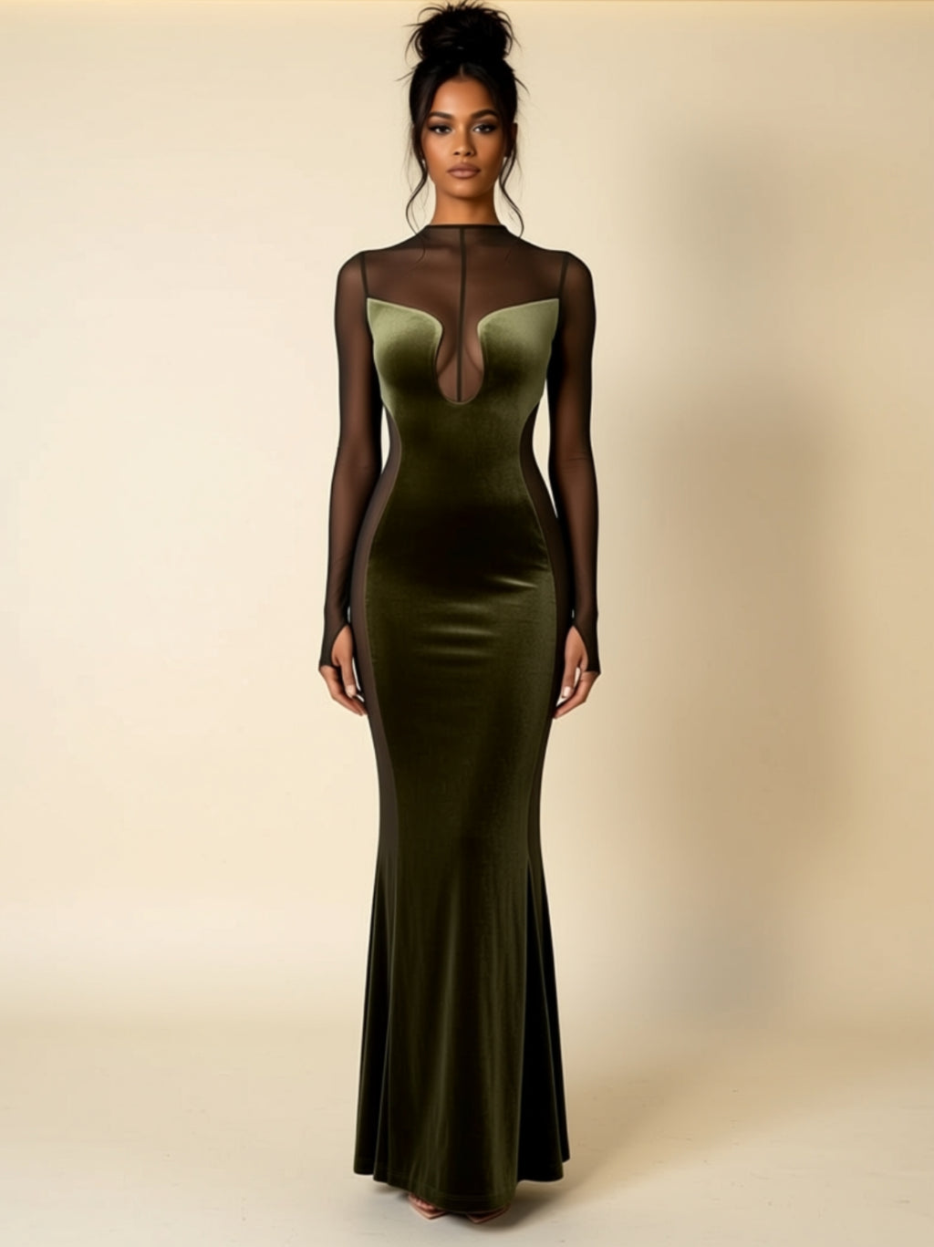 Sheer Mesh Panel Velvet Evening Gown