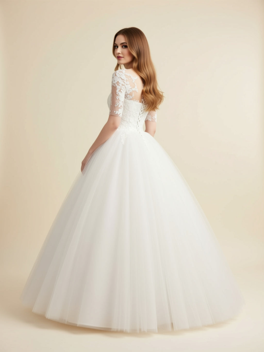Organza Lace Ball Gown Wedding Dress with Sweetheart Bodice & Half Sheer Sleeves