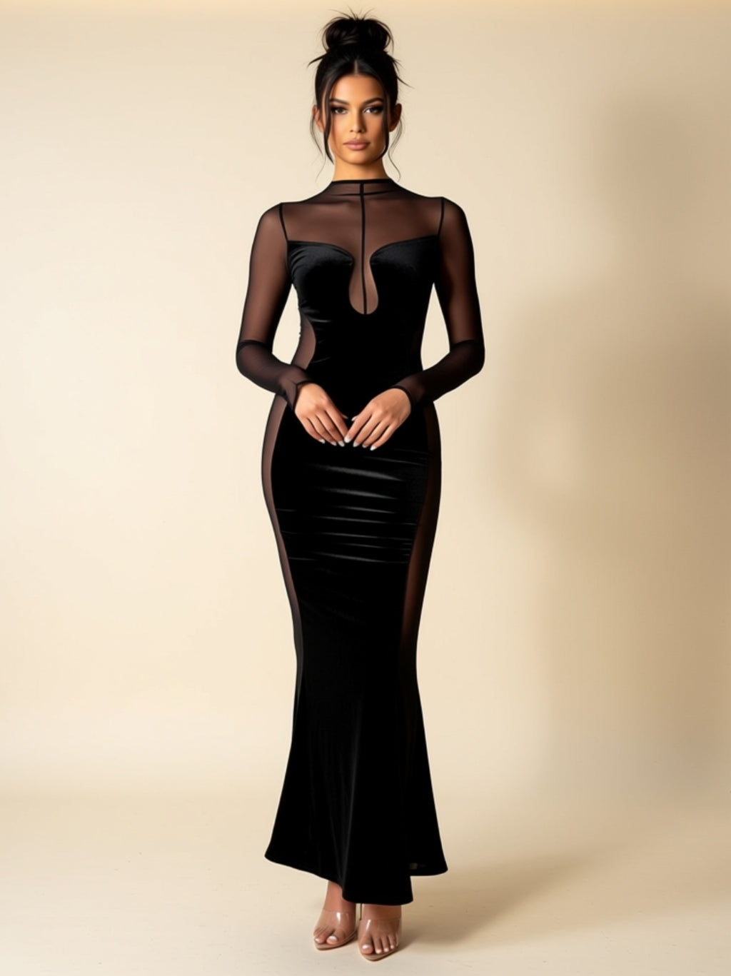 Sheer Mesh Panel Velvet Evening Gown