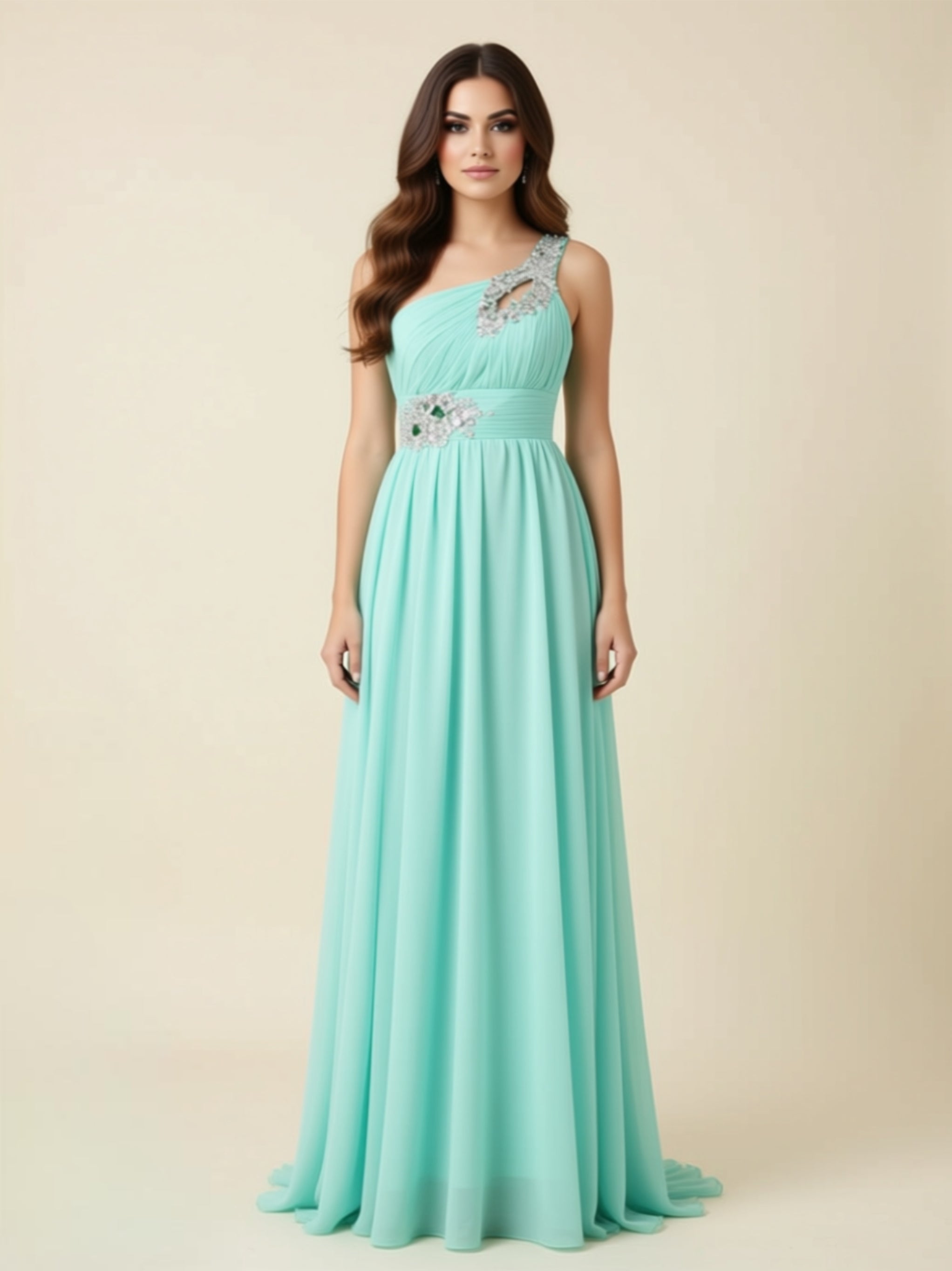 One‑Shoulder Embellished Chiffon Evening Gown