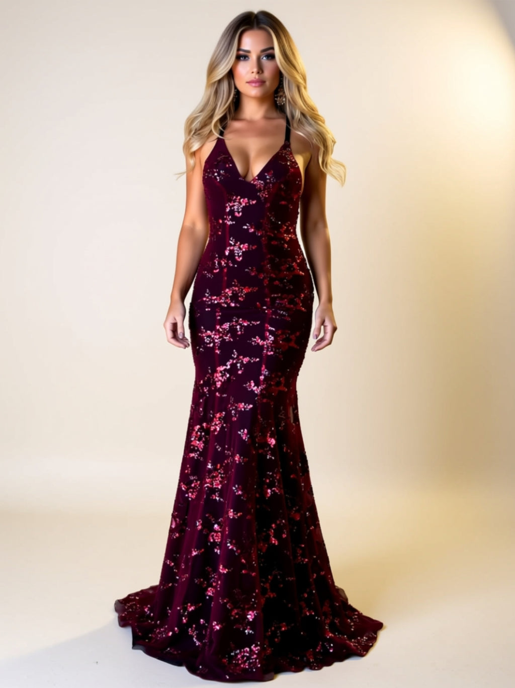 Sequin Floral Backless Mermaid Maxi Dress with Adjustable Tied Straps