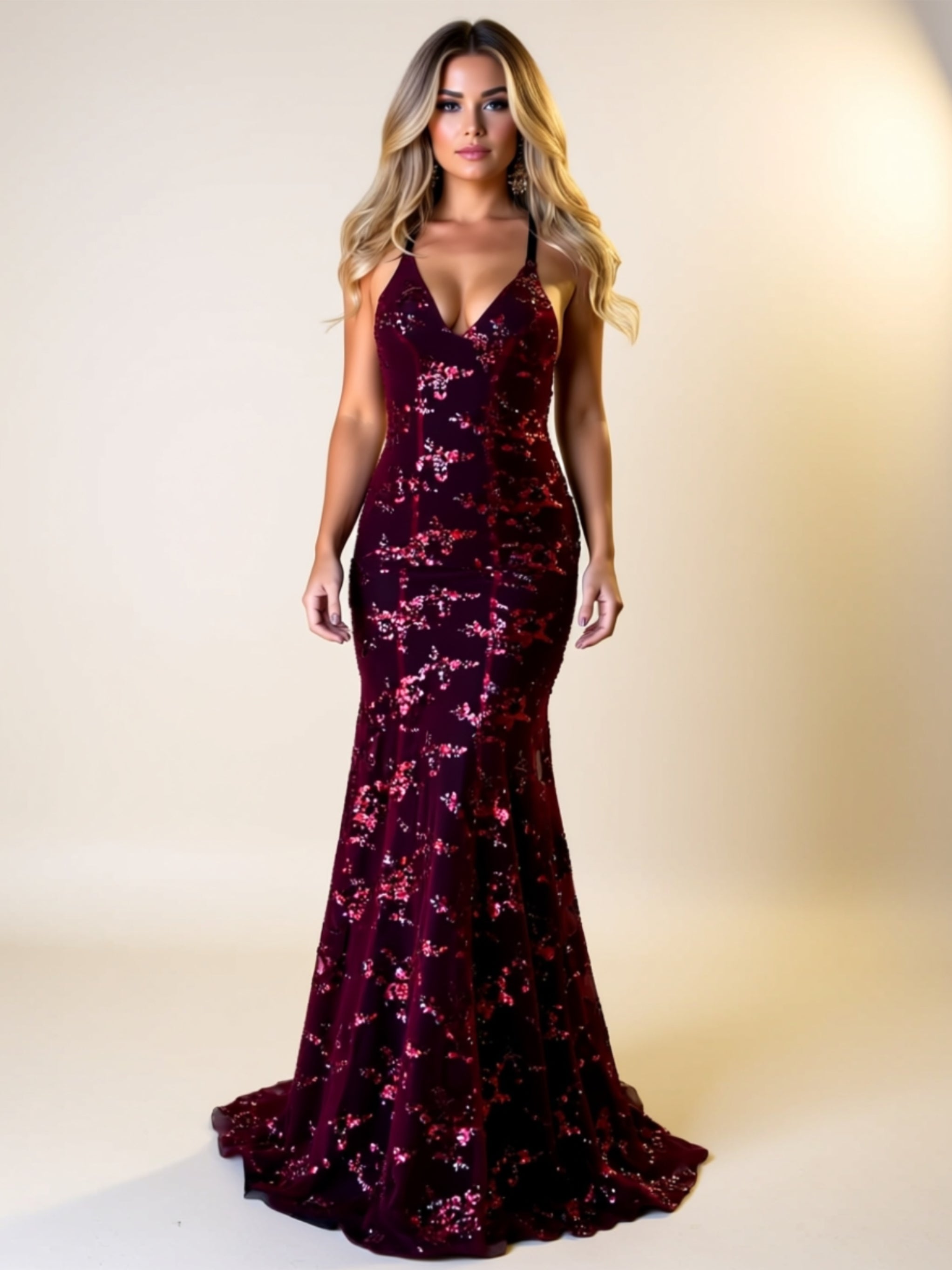 Sequin Floral Backless Mermaid Maxi Dress with Adjustable Tied Straps