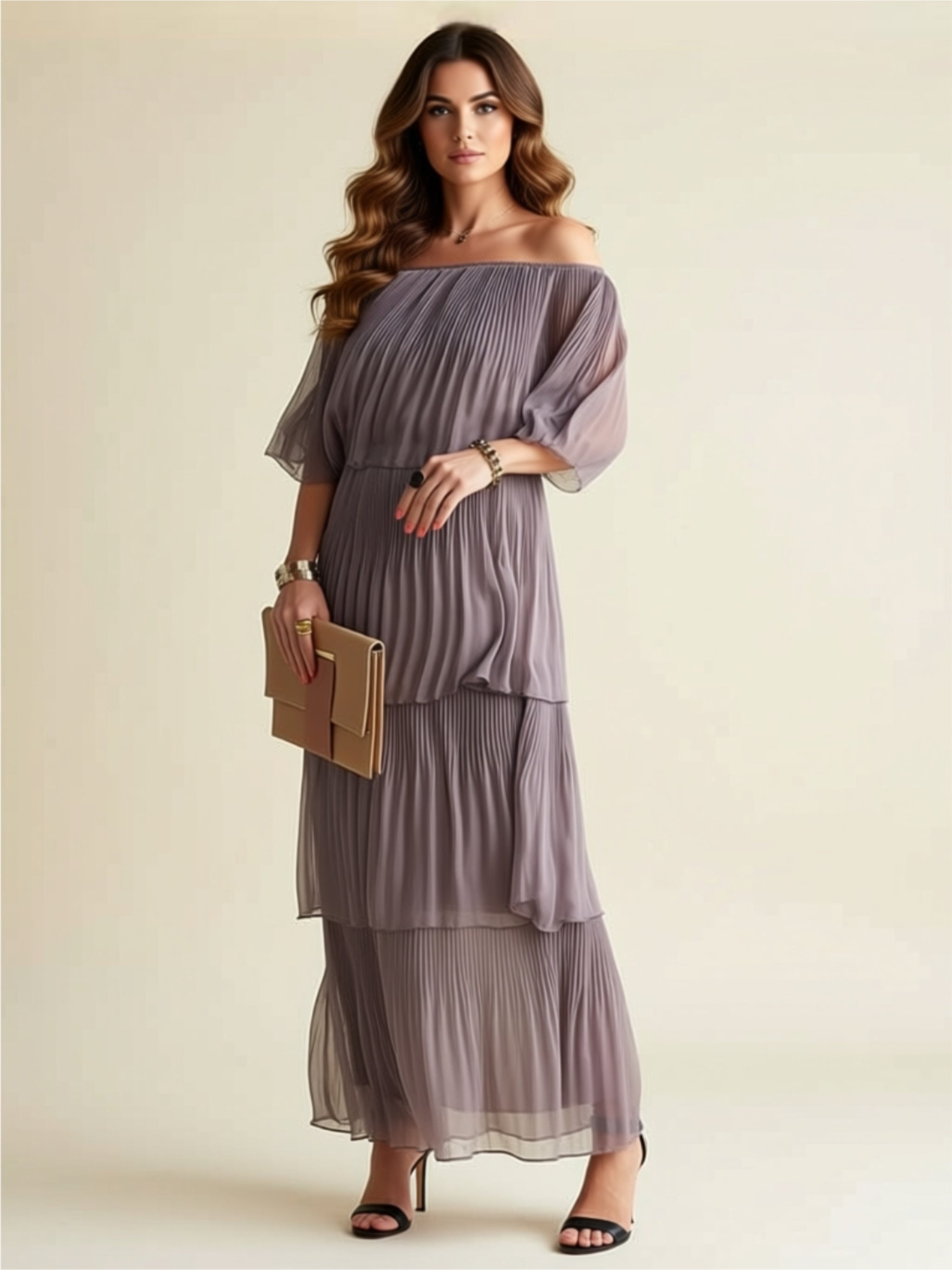 Elegant Pleated Chiffon Off‑Shoulder Tiered Maxi Dress