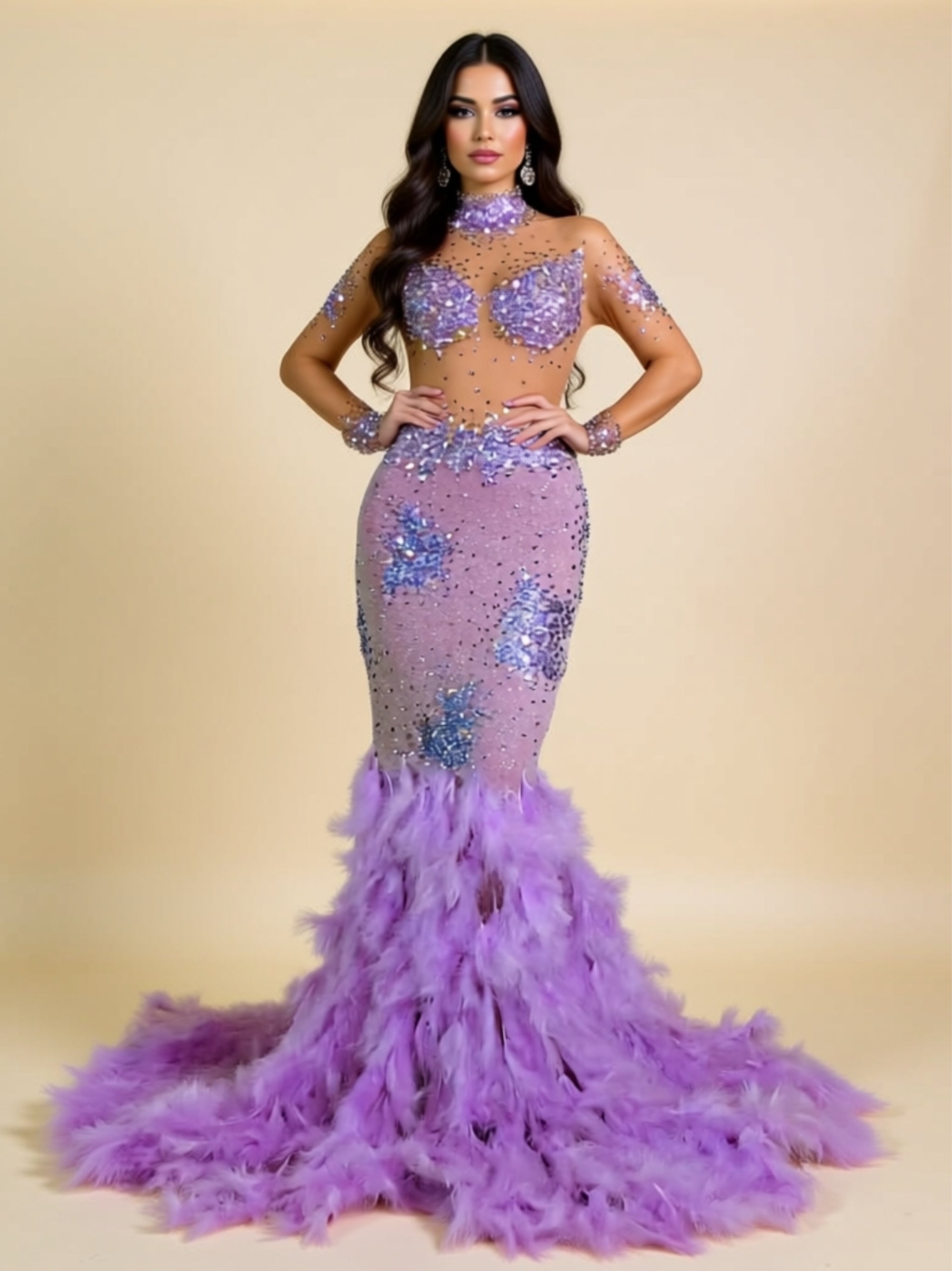 Lavender Rhinestone Mermaid Evening Gown