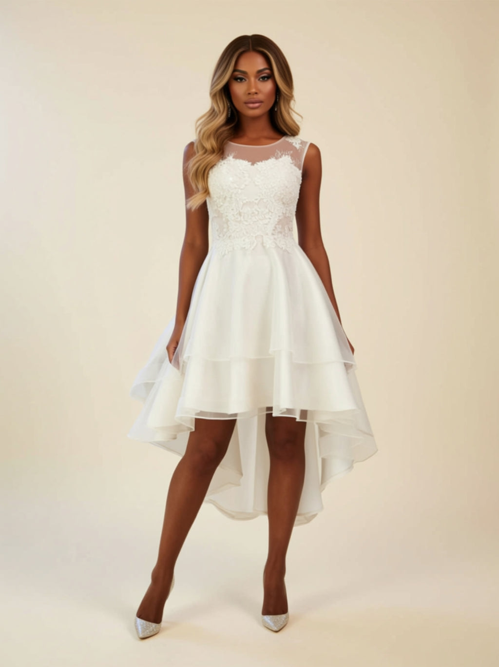 High‑Low Lace Appliqué Bridal Dress with Layered Organza Skirt
