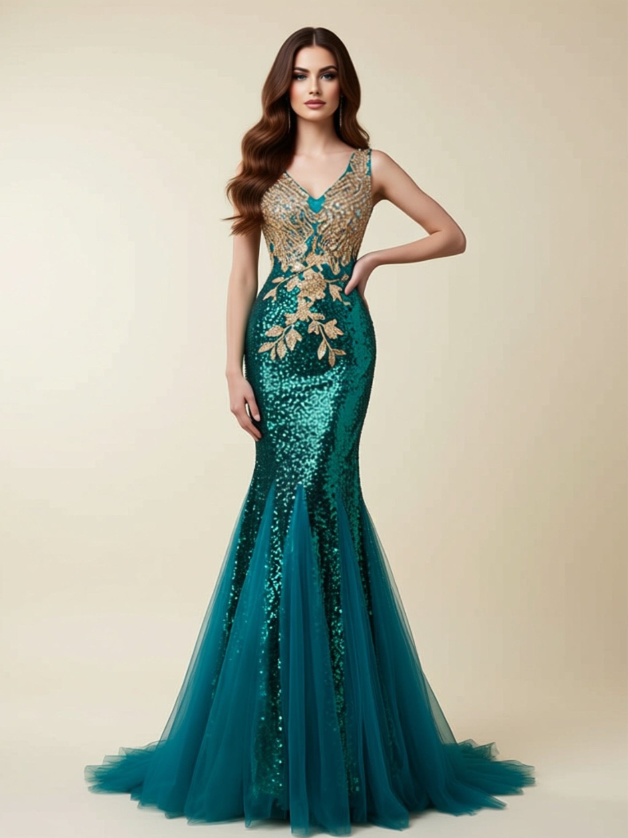 Luxury Lace Appliqué Sequin Mermaid Evening Gown