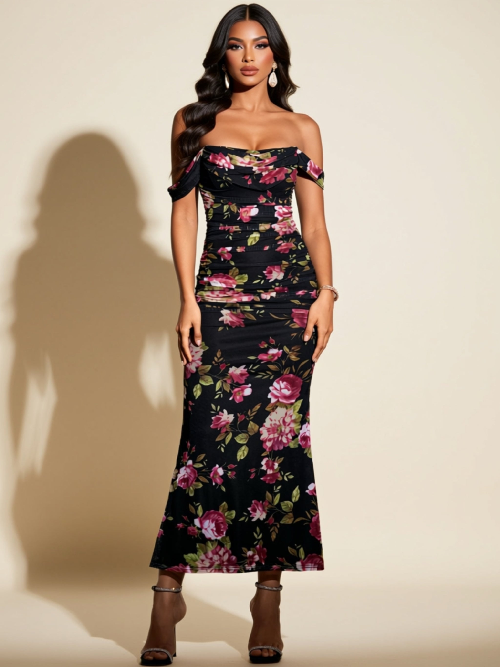 Off‑Shoulder Ruched Floral Maxi Dress
