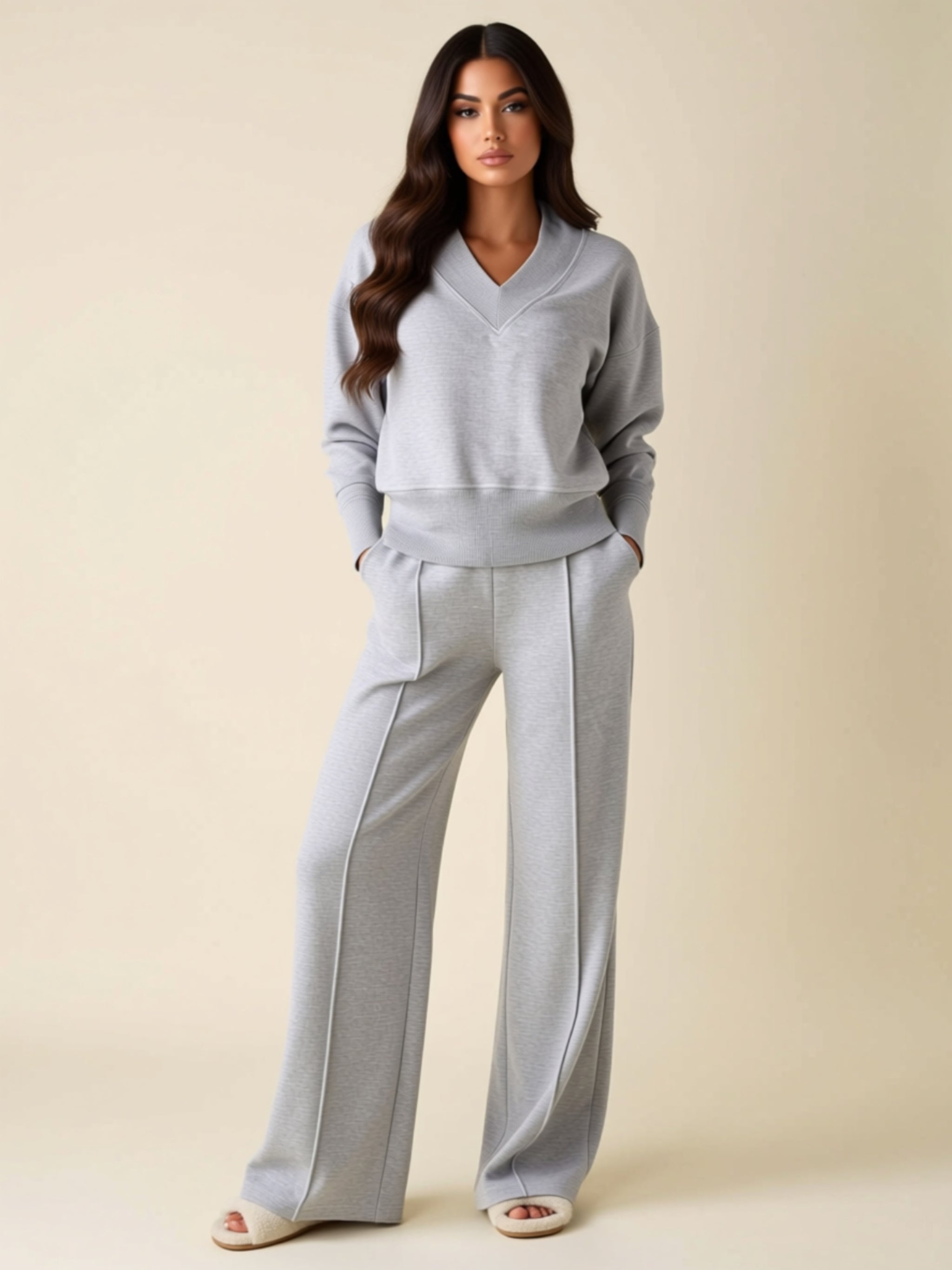 Women’s V‑Neck Relaxed Fit Two‑Piece Pant Set